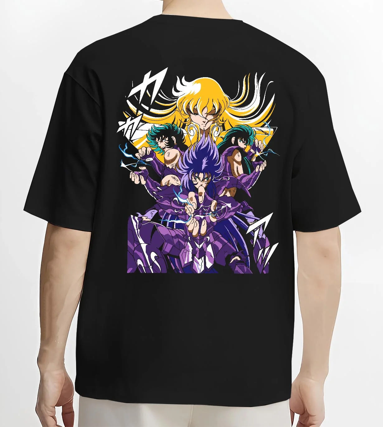Black T-shirt worn by male model, back view with Athena Hoodie Saint Seiya Zodiac Warriors Mythic Print graphic streetwear graphic.