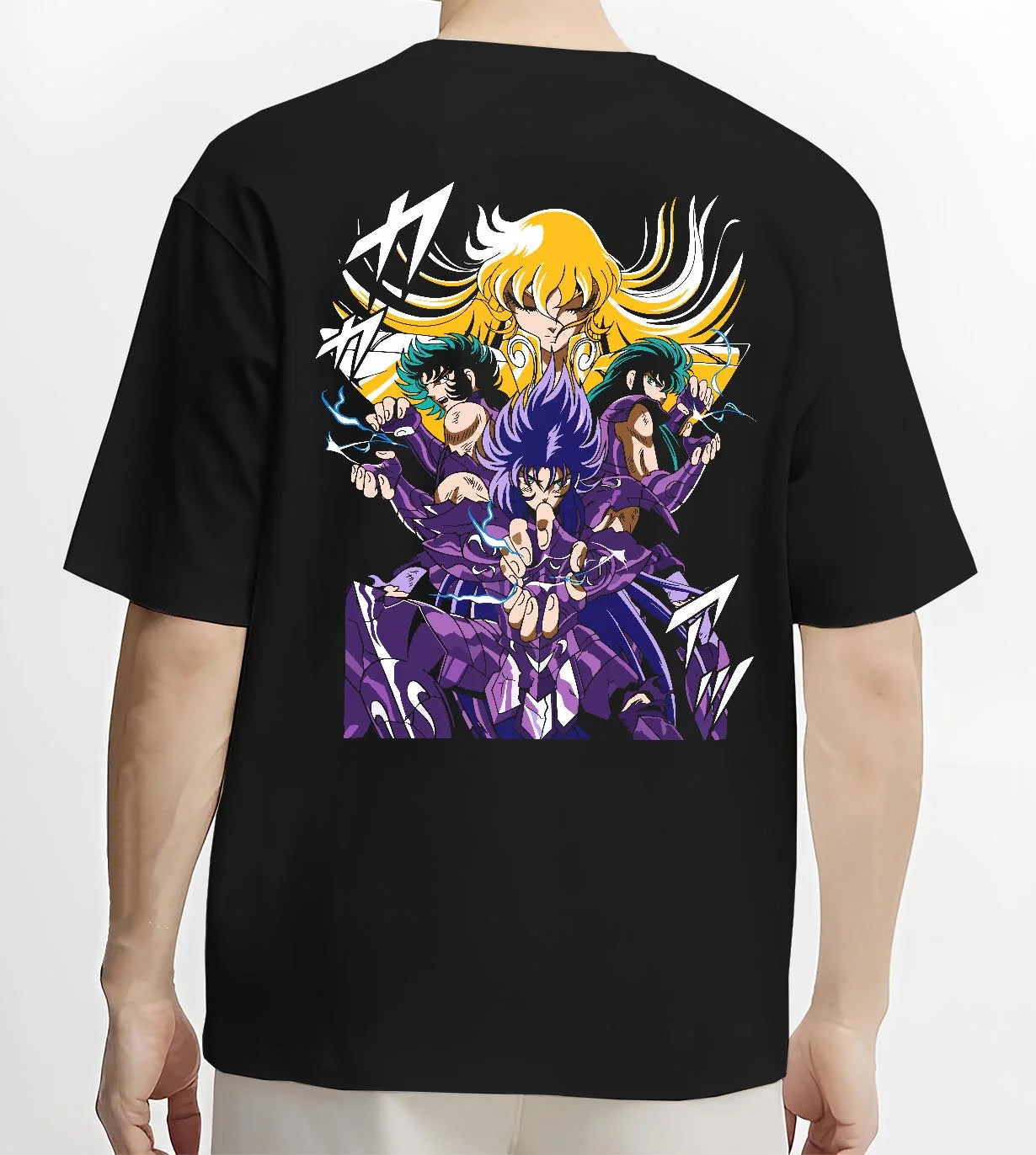 Black T-shirt worn by male model, back view with Athena Hoodie Saint Seiya Zodiac Warriors Mythic Print graphic streetwear graphic.