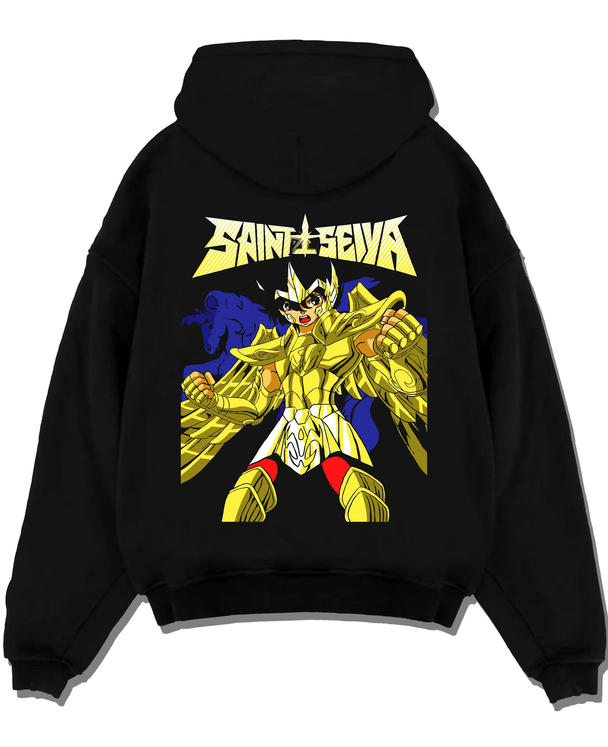 Black hoodie laid flat featuring Athena Saint Seiya Gold Armour artwork with bold anime graphic print.