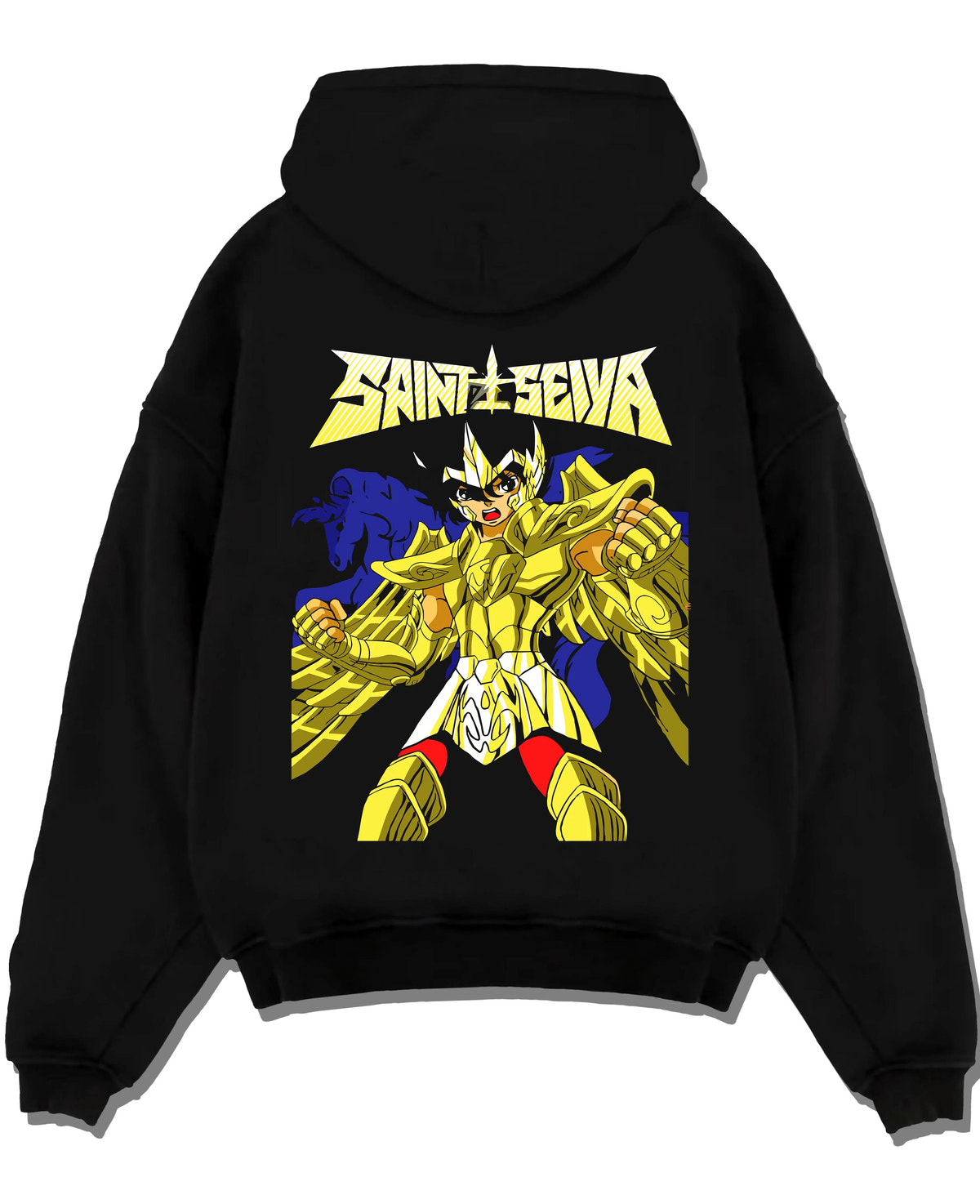 Black hoodie laid flat featuring Athena Saint Seiya Gold Armour artwork with bold anime graphic print.