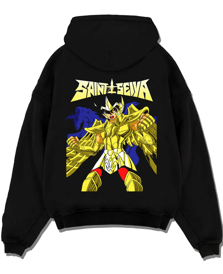 Black hoodie laid flat featuring Athena Saint Seiya Gold Armour artwork with bold anime graphic print.