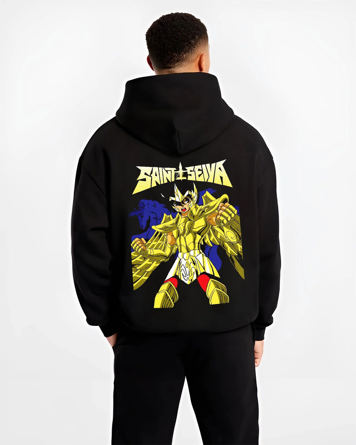 Black hoodie worn by male model from the back featuring Athena Saint Seiya Gold Armour artwork.