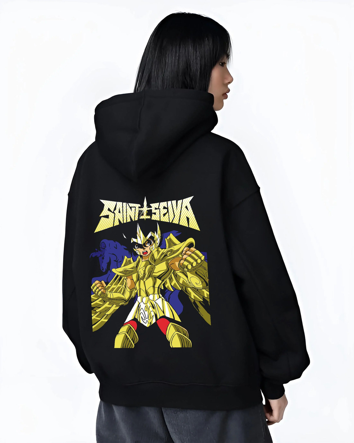 Black hoodie worn by female model from the back featuring Athena Saint Seiya Gold Armour artwork.
