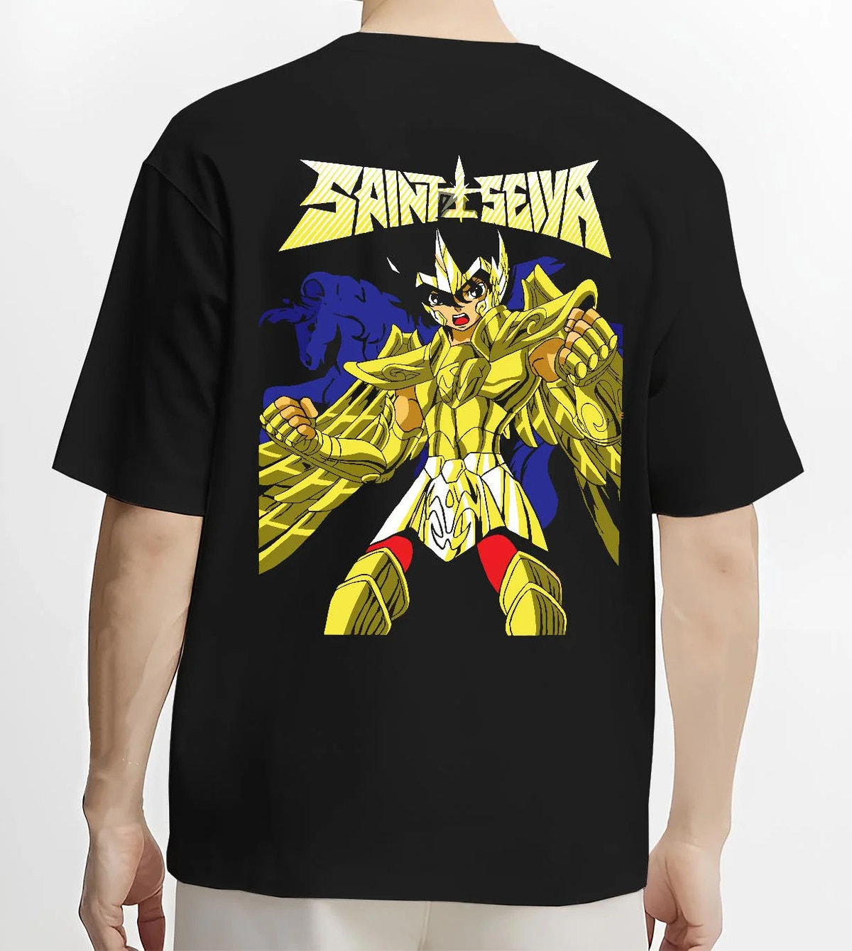 Black T-shirt worn by male model from the back featuring Athena Saint Seiya Gold Armour artwork.