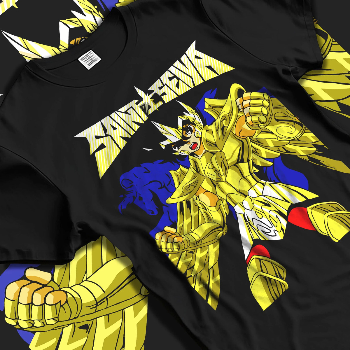 Black T-shirt laid flat with natural folds featuring Athena Saint Seiya Gold Armour artwork.