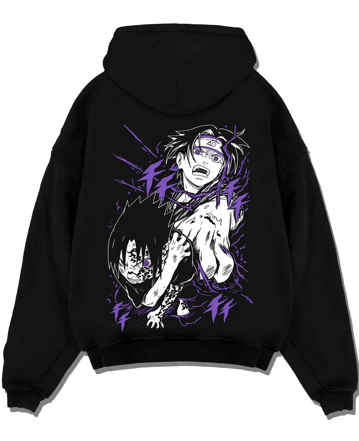 Black hoodie laid flat featuring Mahito Jujutsu Kaisen cursed aura artwork with bold anime graphic print.