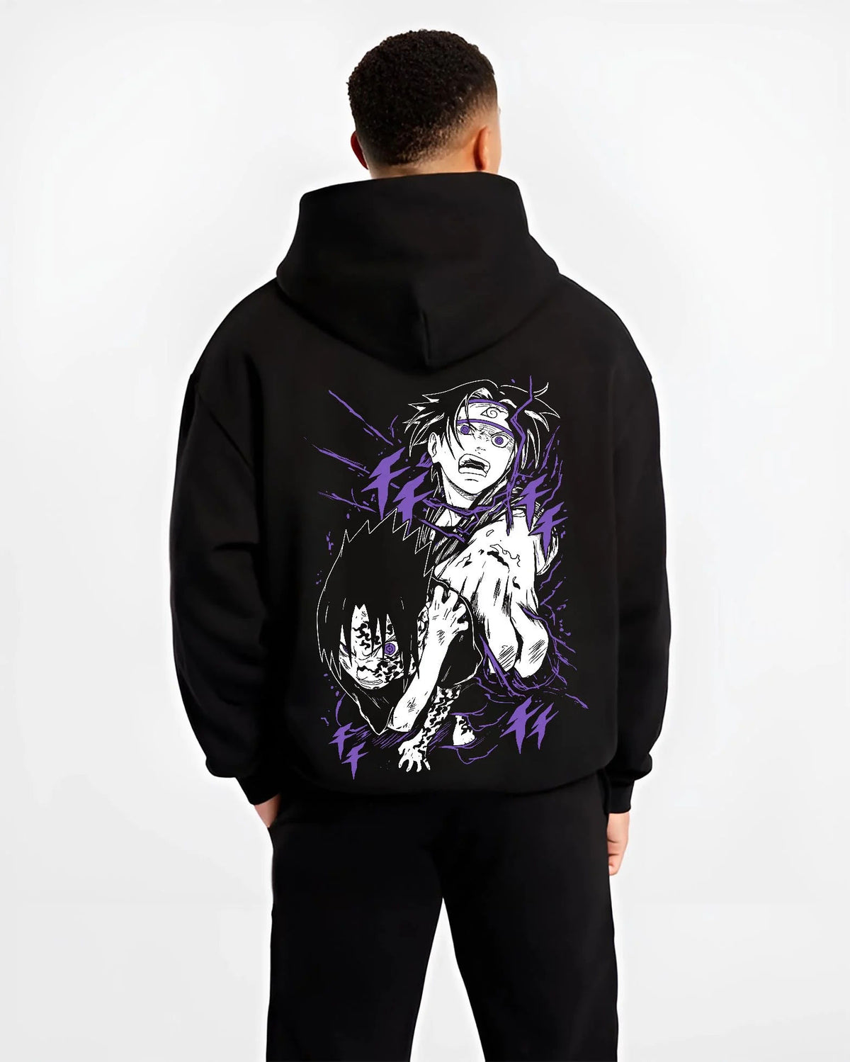 Black hoodie worn by male model from the back featuring Mahito Jujutsu Kaisen cursed aura artwork.