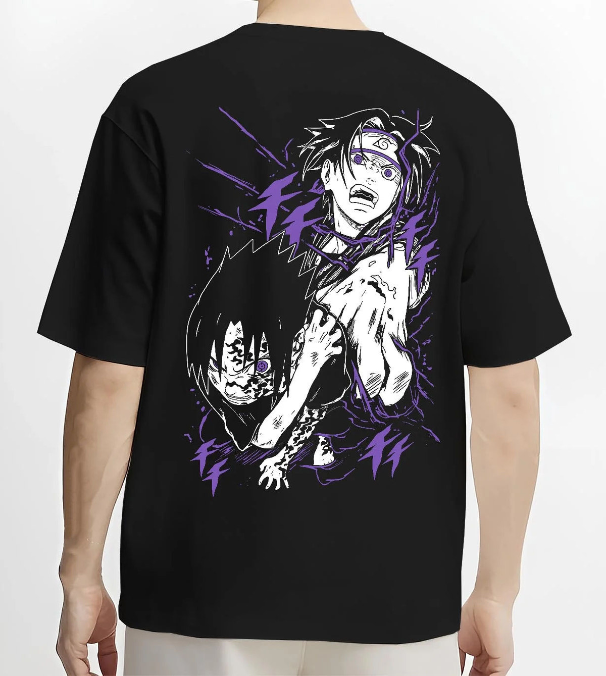 Black T-shirt worn by male model from the back featuring Mahito Jujutsu Kaisen cursed aura artwork.