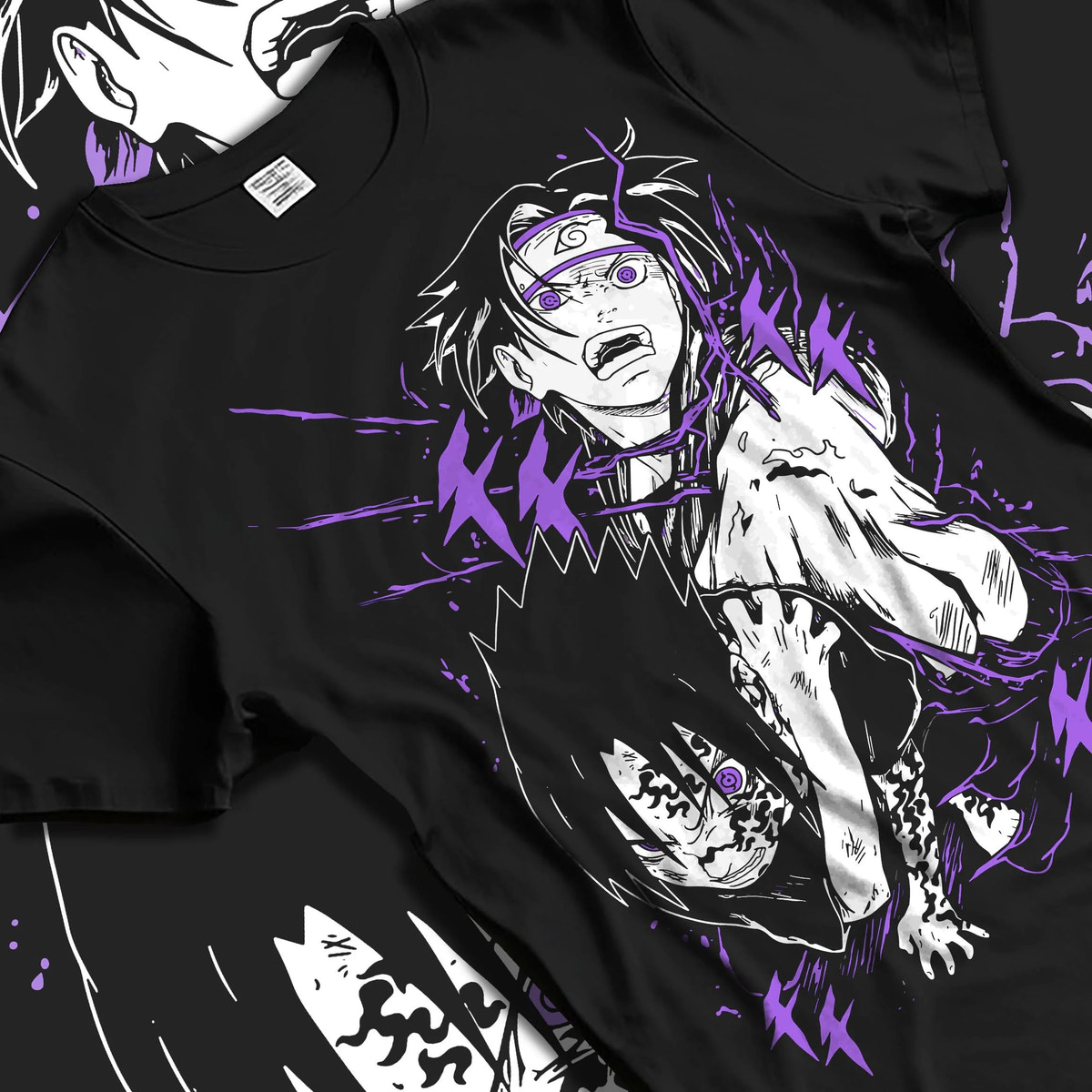 Black T-shirt laid flat with natural folds featuring Mahito Jujutsu Kaisen cursed aura artwork.