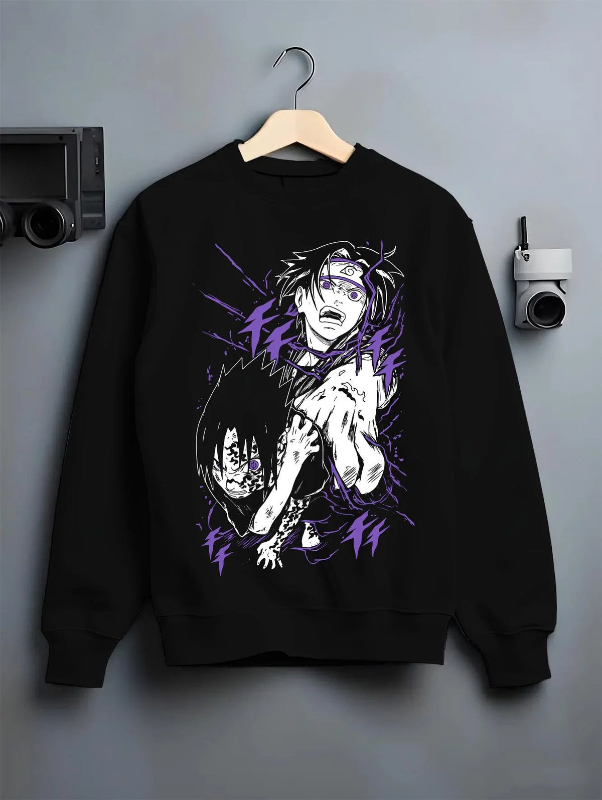 Black crewneck sweatshirt on hanger featuring Mahito Jujutsu Kaisen cursed aura artwork.