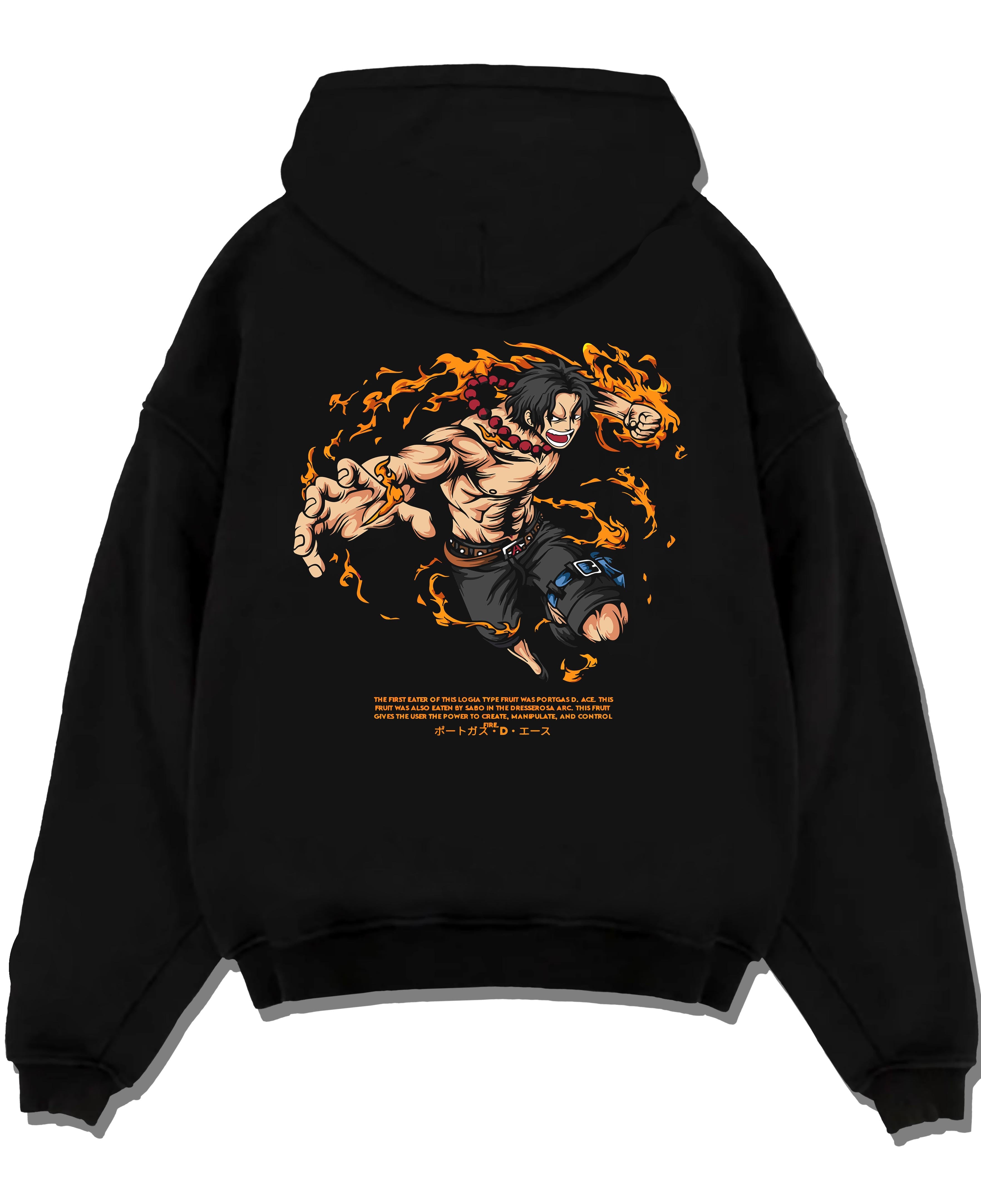 Black pullover hoodie laid flat on a white background, featuring One Piece Portgas D. Ace Japanese animation streetwear graphic with flames in retro manga artwork style.