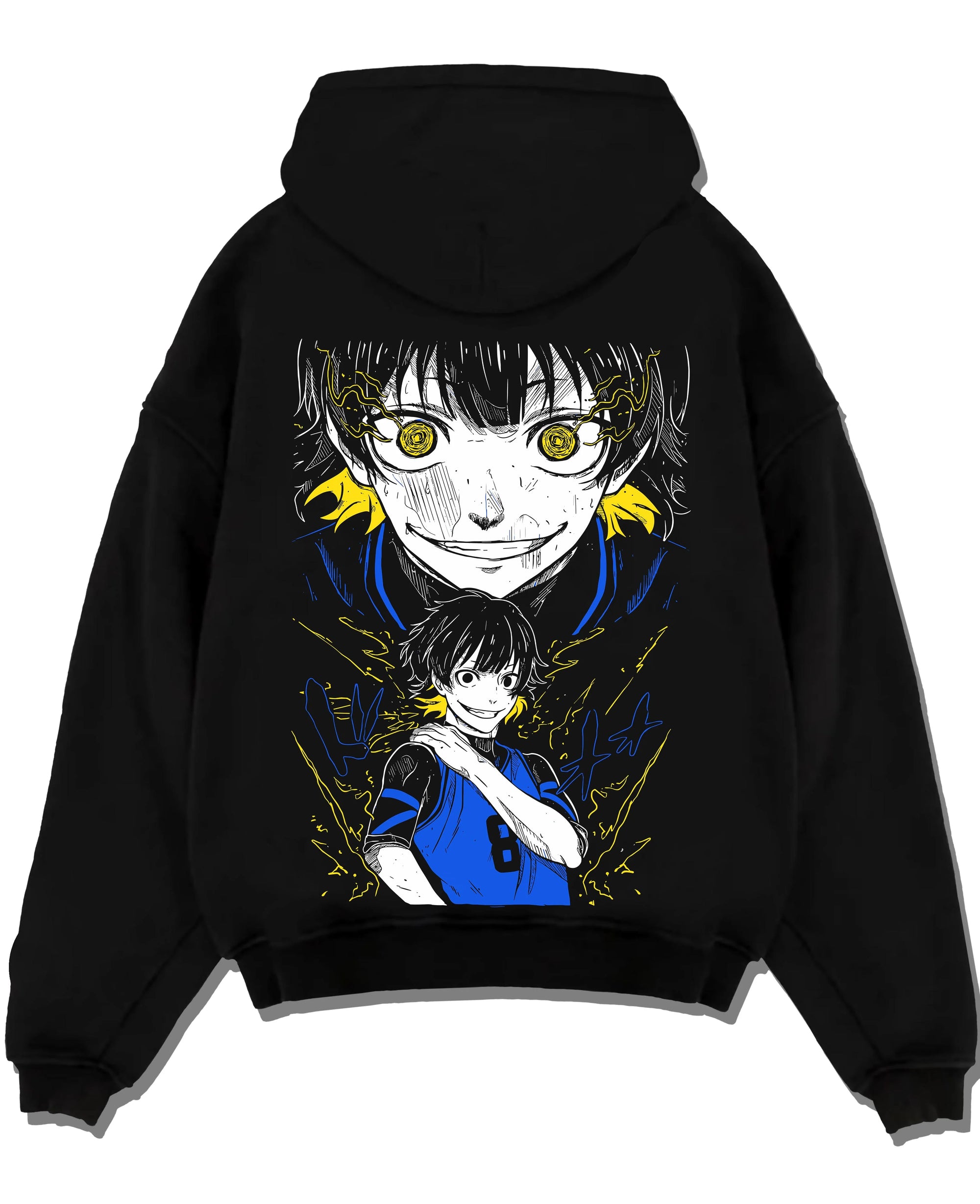 Black pullover hoodie laid flat with Bachi Hoodie Blue Lock Intense Yellow Eyes Stare Down graphic premium wear.