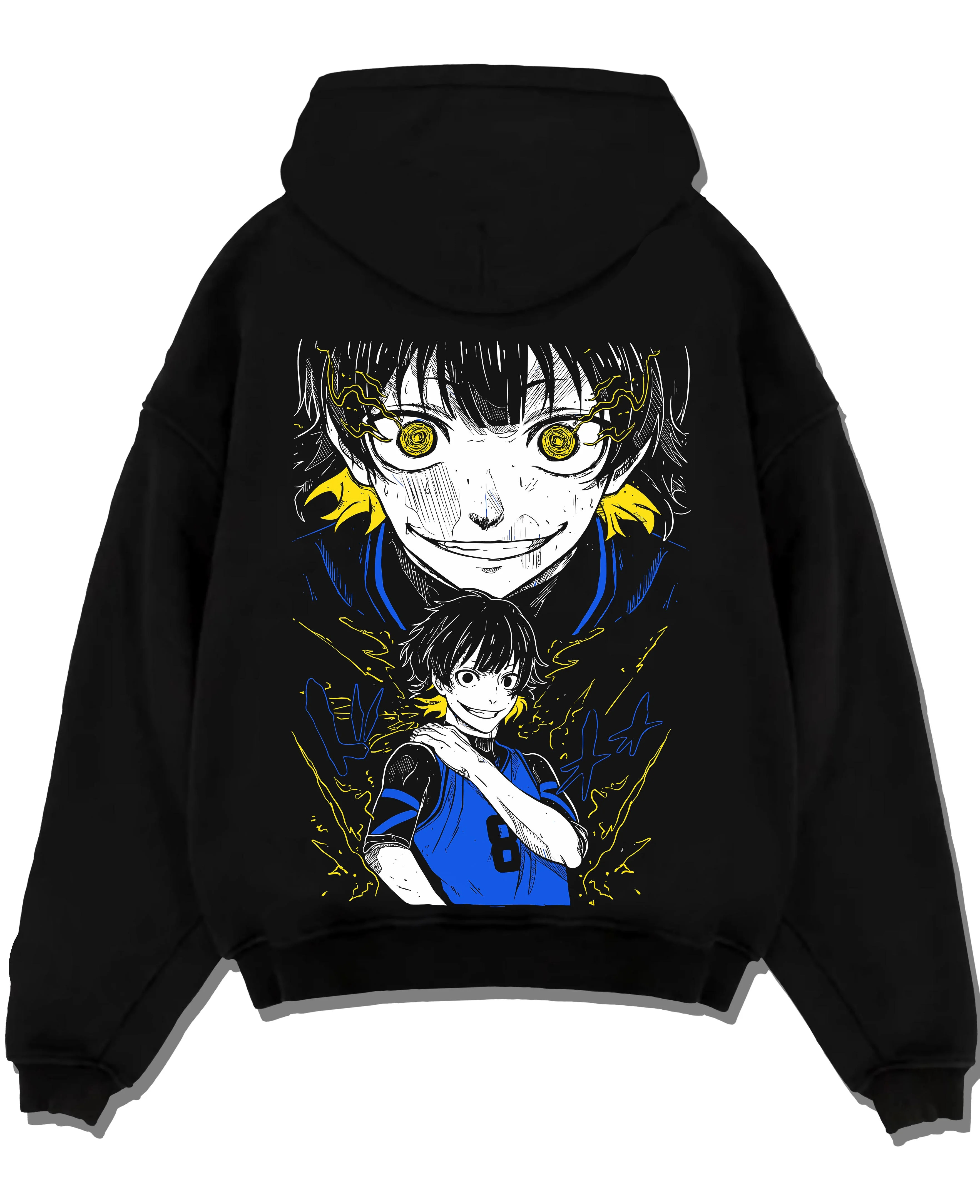 Black pullover hoodie laid flat with Bachi Hoodie Blue Lock Intense Yellow Eyes Stare Down graphic premium wear.