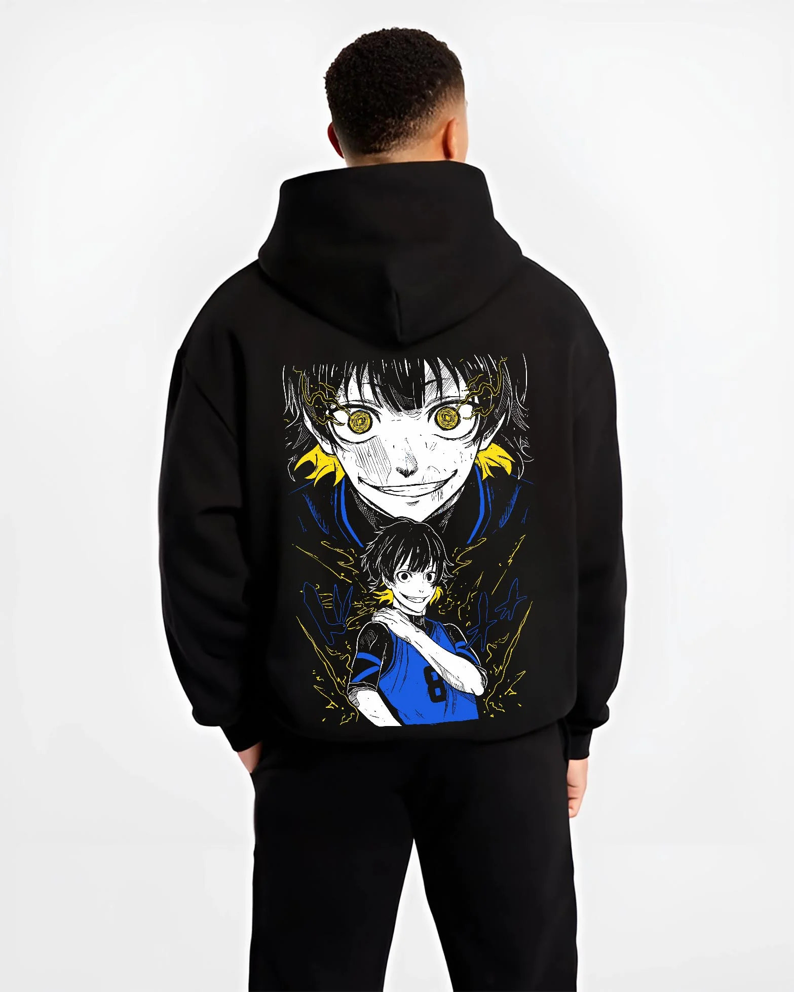 Black hoodie worn by male model, back view with Bachi Hoodie Blue Lock Intense Yellow Eyes Stare Down graphic bold anime graphic.