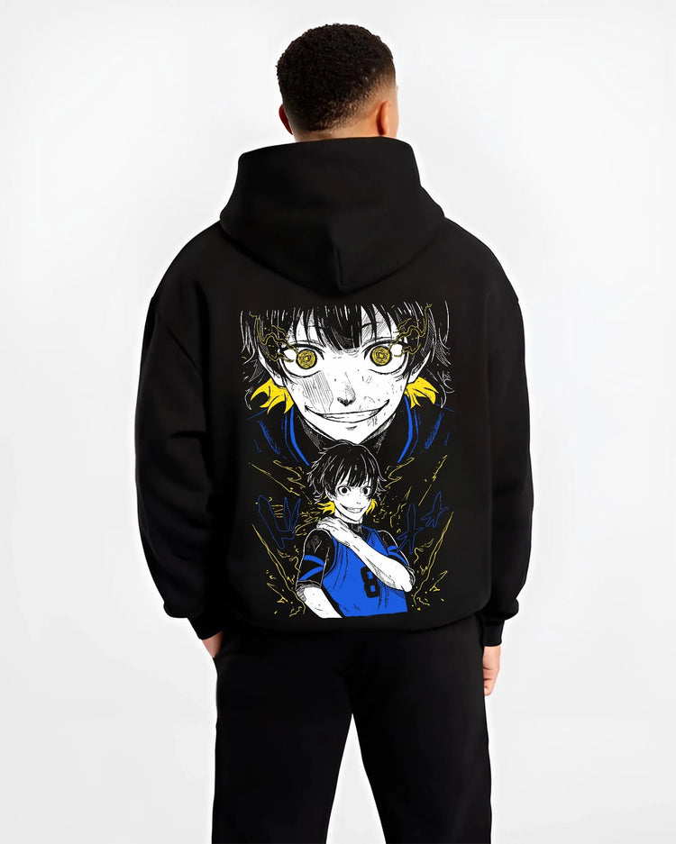 Black hoodie worn by male model, back view with Bachi Hoodie Blue Lock Intense Yellow Eyes Stare Down graphic bold anime graphic.