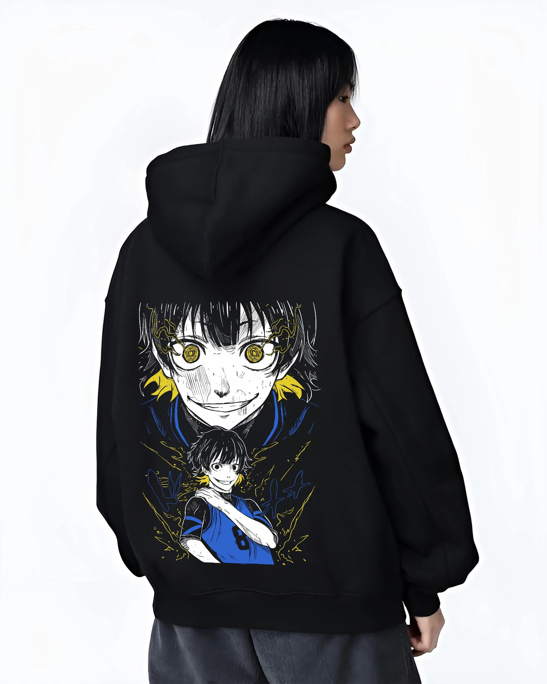 Black hoodie worn by female model, back view with Bachi Hoodie Blue Lock Intense Yellow Eyes Stare Down graphic streetwear graphic.