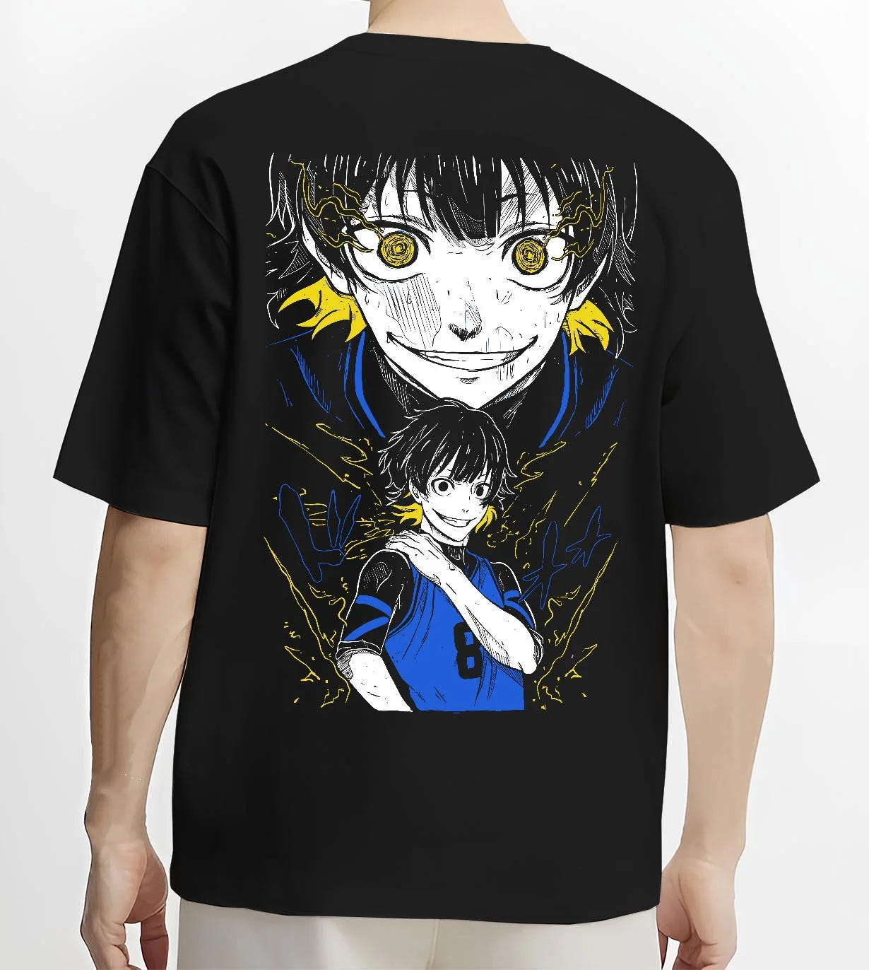 Black T-shirt worn by male model, back view with Bachi Hoodie Blue Lock Intense Yellow Eyes Stare Down graphic premium wear.