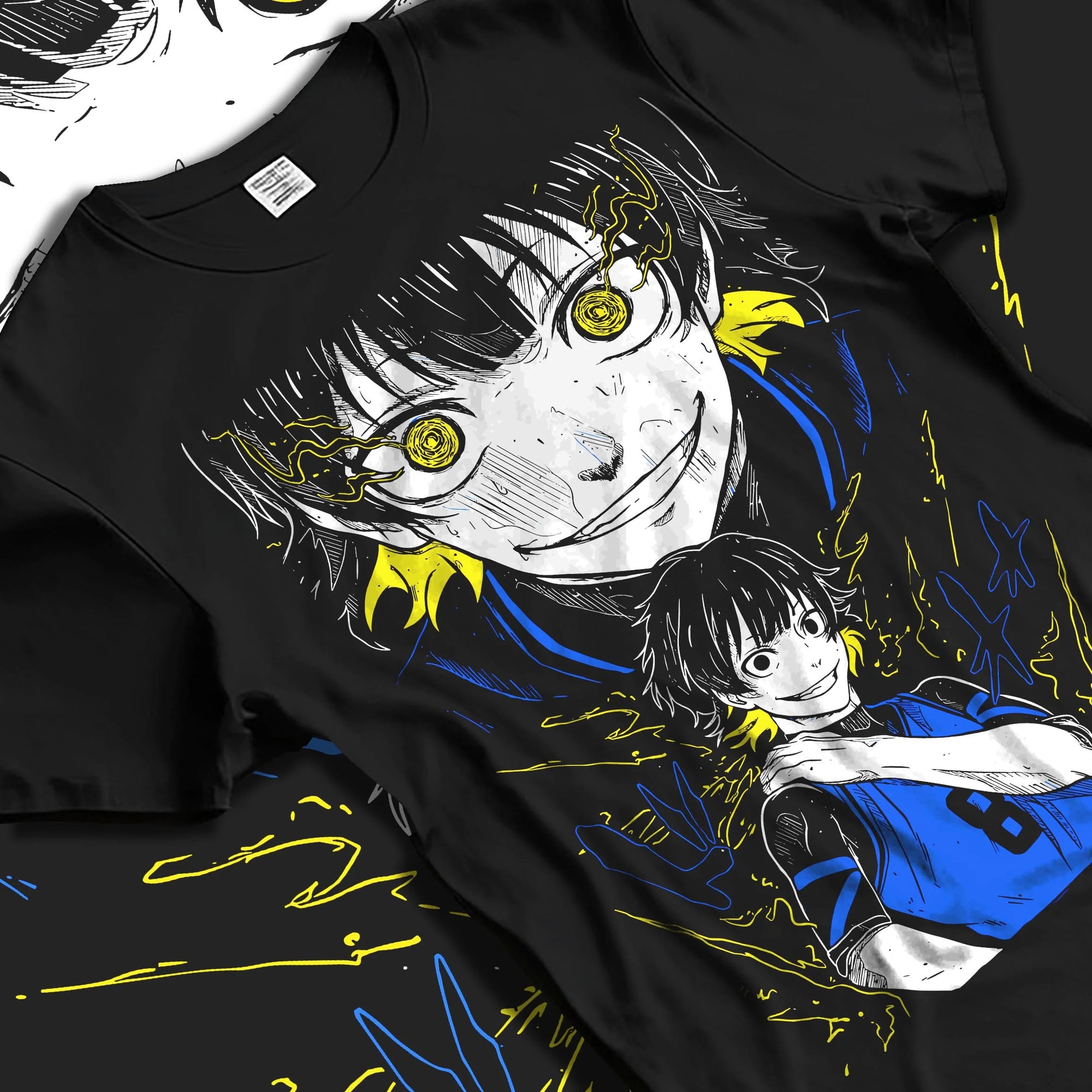 Black T-shirt laid flat with natural folds with Bachi Hoodie Blue Lock Intense Yellow Eyes Stare Down graphic bold anime graphic.