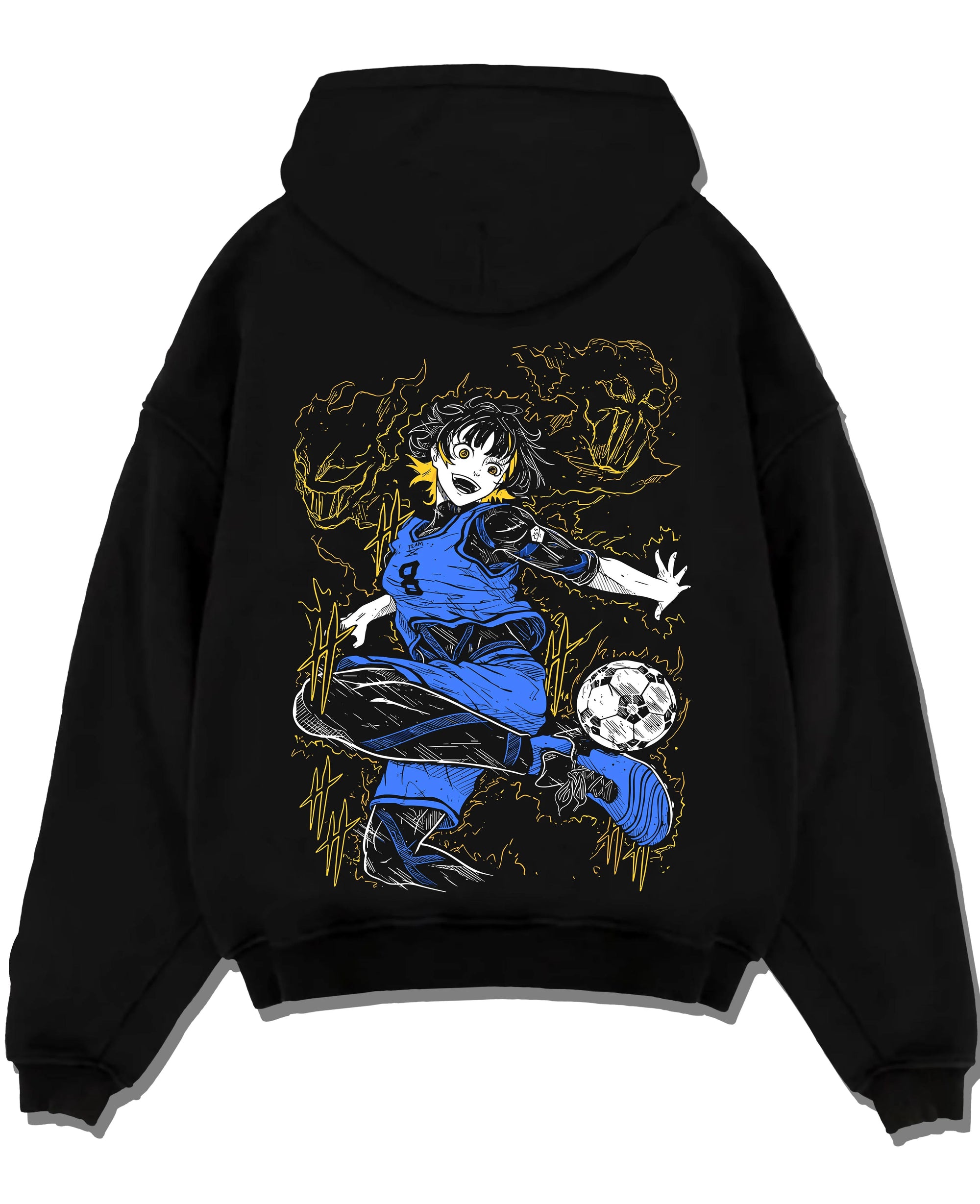 Black pullover hoodie laid flat with Blue Lock Bachira Hoodie Dynamic Soccer Striker Jumper graphic bold anime graphic.