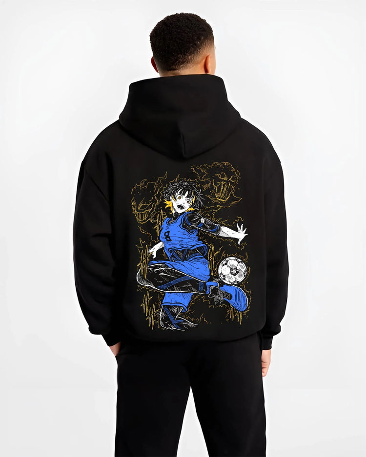 Black hoodie worn by male model, back view with Blue Lock Bachira Hoodie Dynamic Soccer Striker Jumper graphic streetwear graphic.