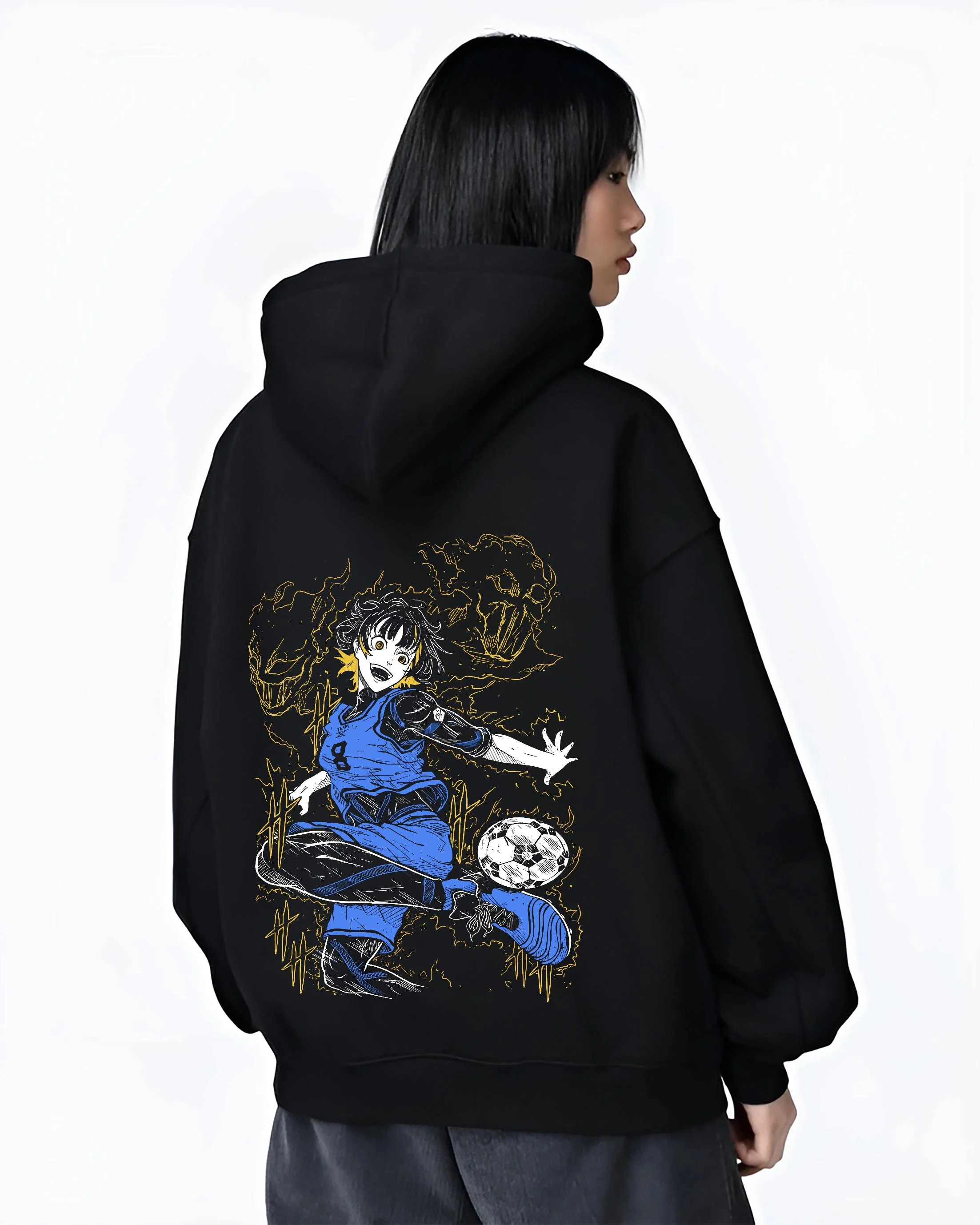 Black hoodie worn by female model, back view with Blue Lock Bachira Hoodie Dynamic Soccer Striker Jumper graphic premium wear.