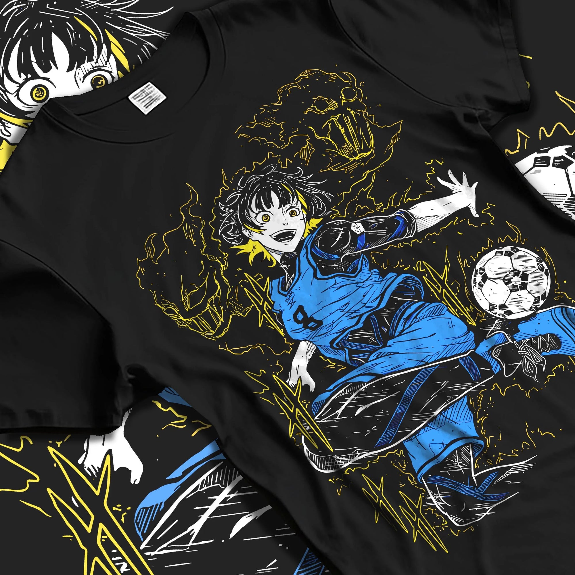 Black T-shirt laid flat with natural folds with Blue Lock Bachira Hoodie Dynamic Soccer Striker Jumper graphic bold anime graphic.