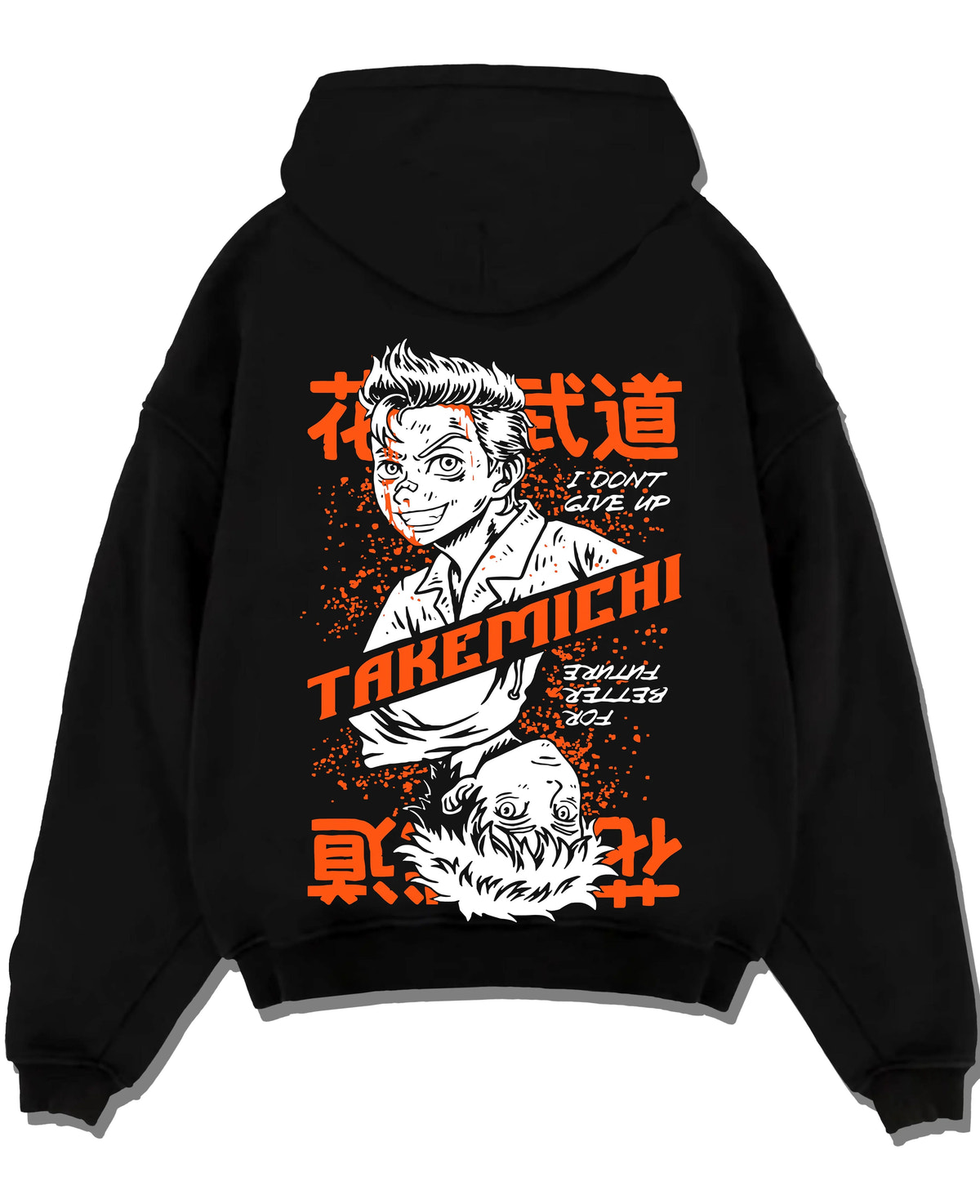 Black hoodie laid flat featuring Baji Keisuke Tokyo Revengers street manga artwork with bold anime graphic print.