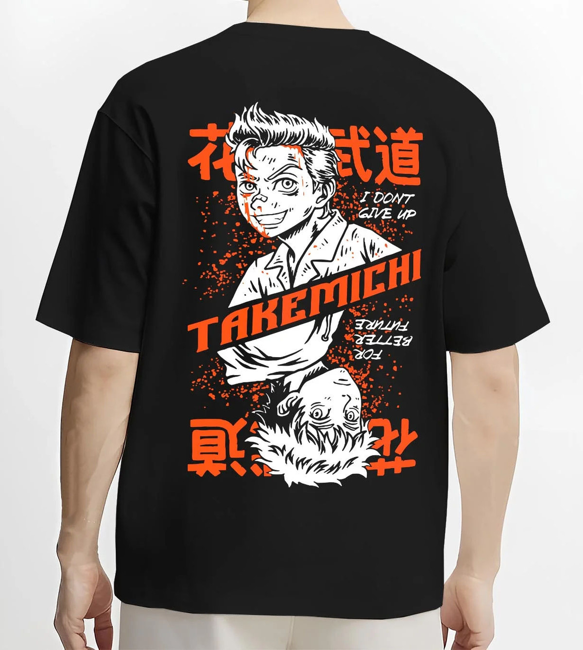 Black T-shirt worn by male model from the back featuring Baji Keisuke Tokyo Revengers street manga artwork.