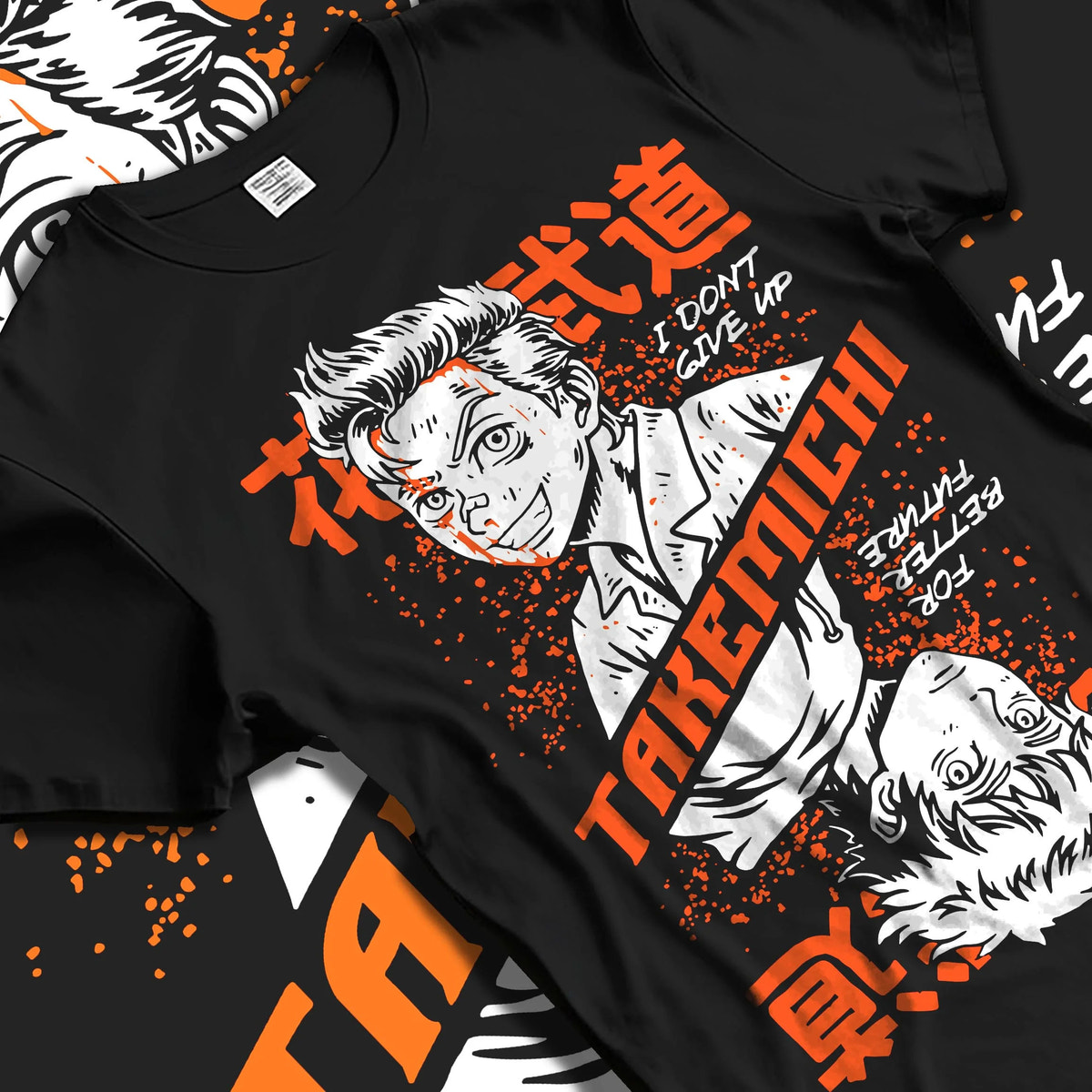 Black T-shirt laid flat with natural folds featuring Baji Keisuke Tokyo Revengers street manga artwork.