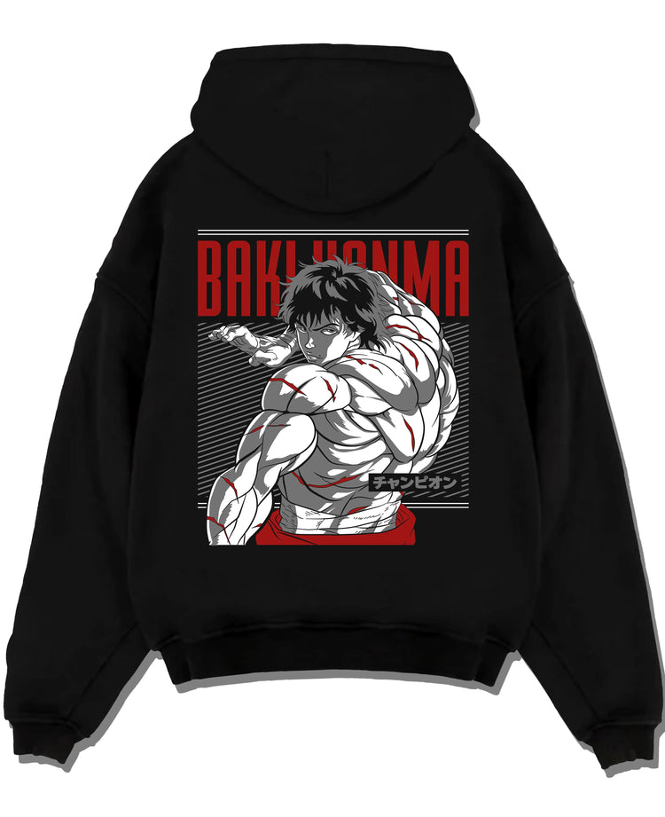 Black pullover hoodie laid flat with Baki Hanma Hoodie Grappler Baki Martial Arts Fighter graphic premium wear.