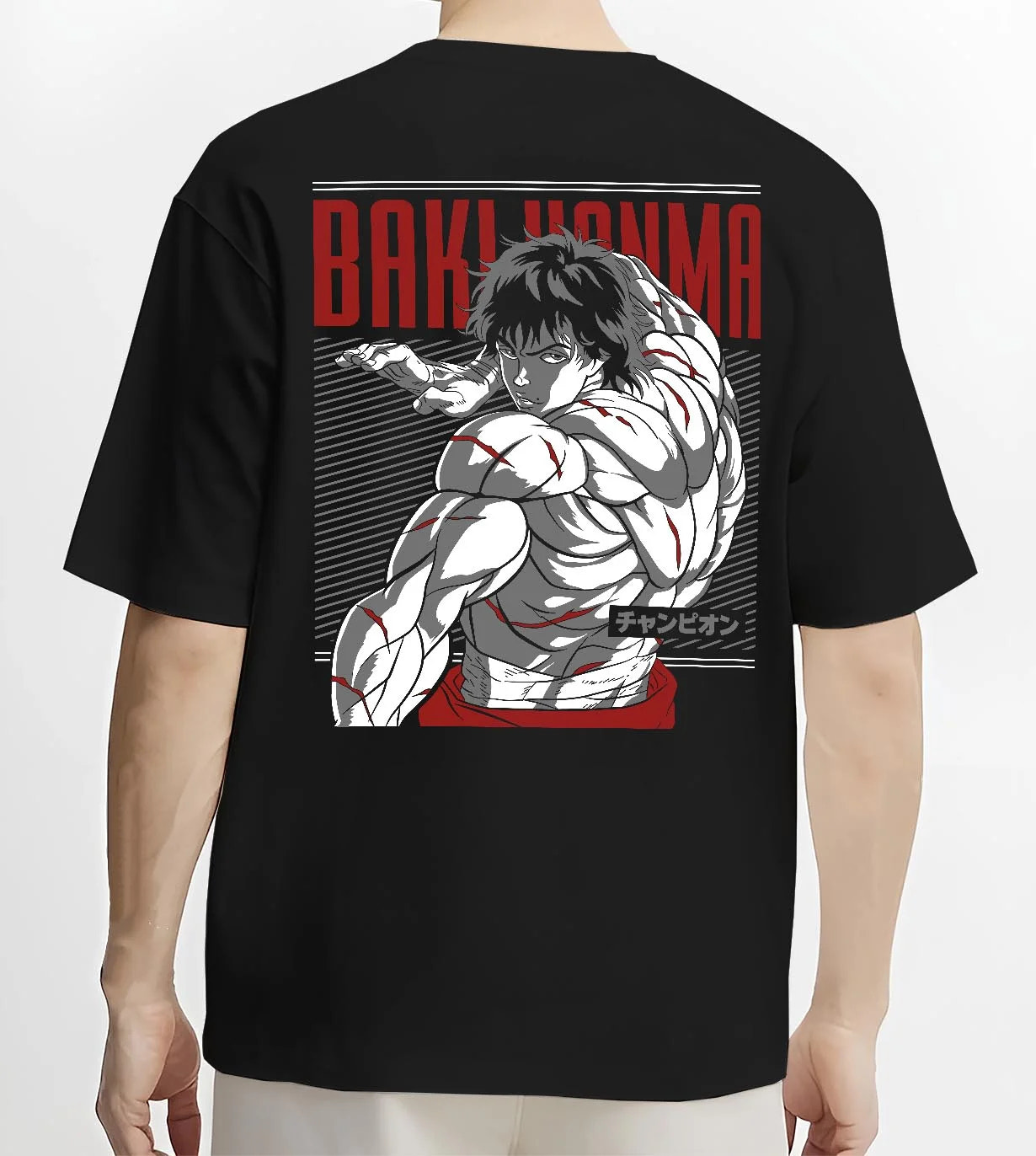 Black T-shirt worn by male model, back view with Baki Hanma Hoodie Grappler Baki Martial Arts Fighter graphic bold anime graphic.