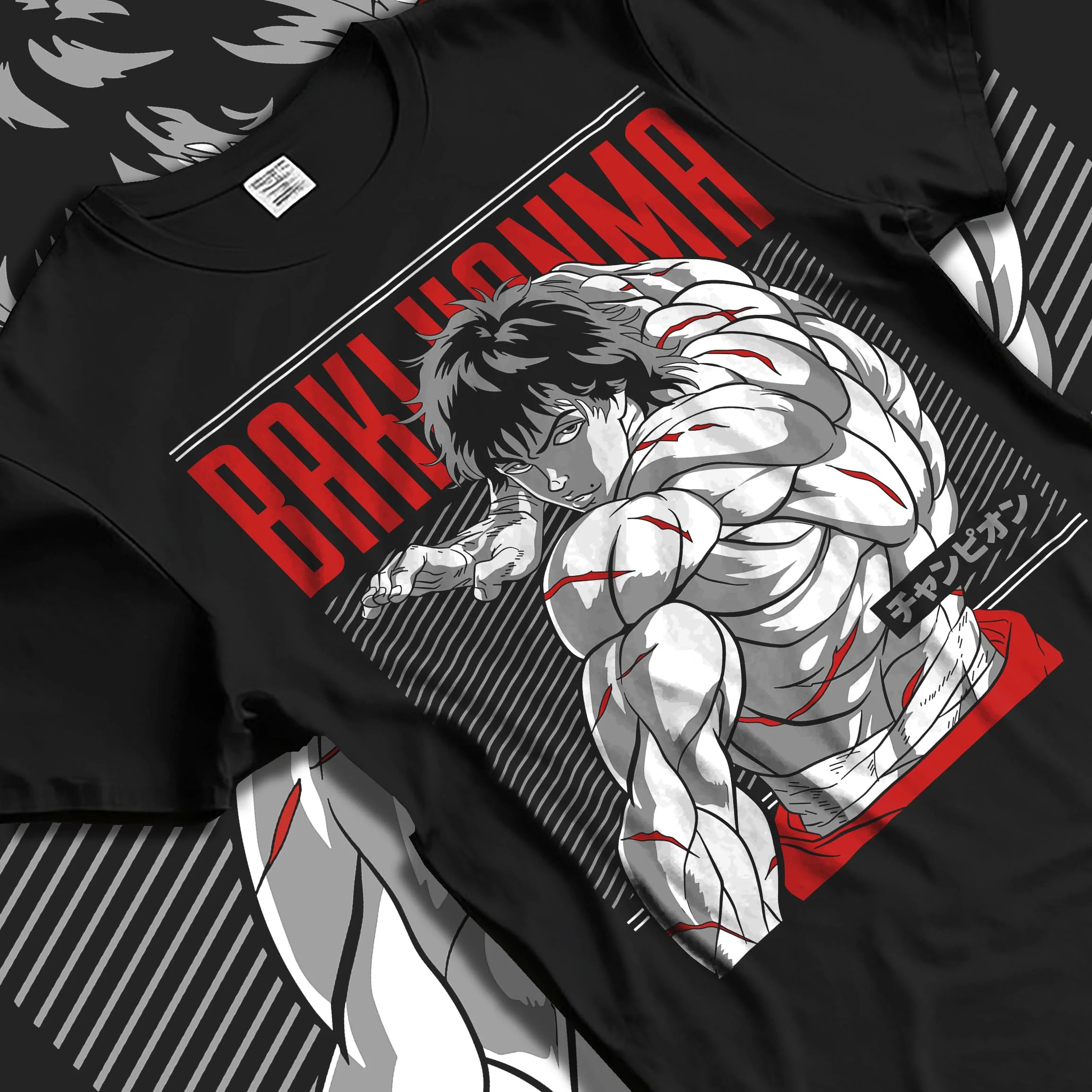 Black T-shirt laid flat with natural folds with Baki Hanma Hoodie Grappler Baki Martial Arts Fighter graphic premium wear.
