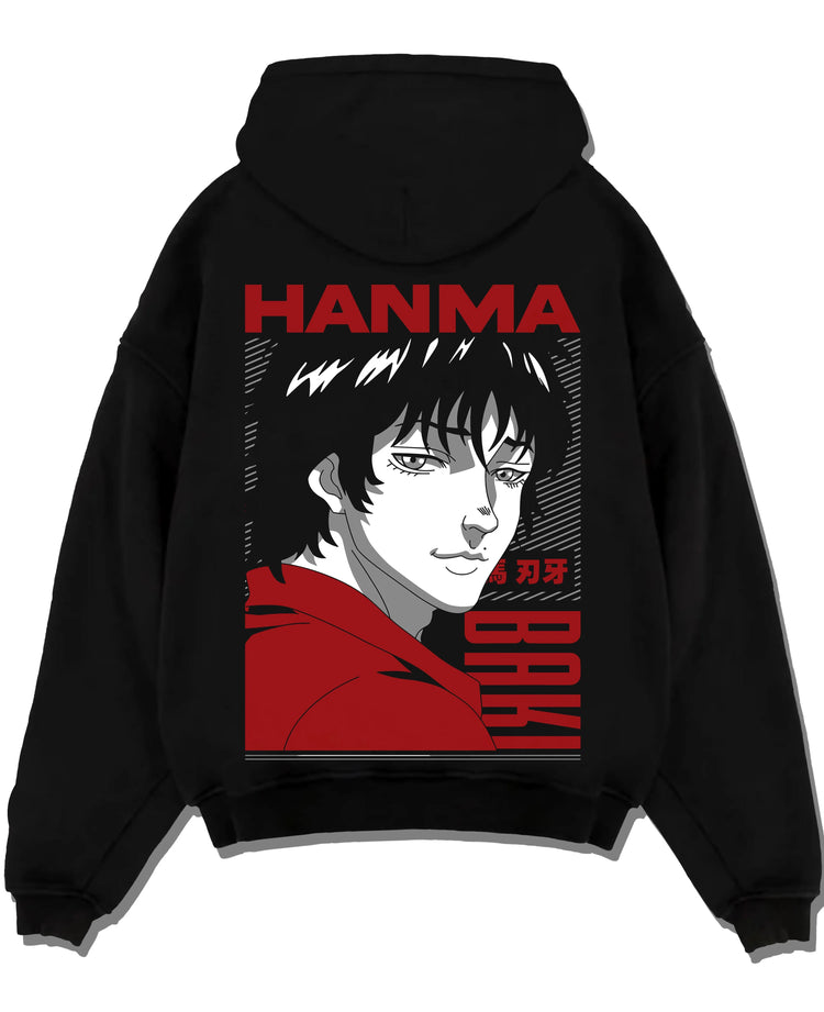 Black pullover hoodie laid flat with Baki Hanma Fighter Hoodie Classic Retro Anime Jumper graphic streetwear graphic.
