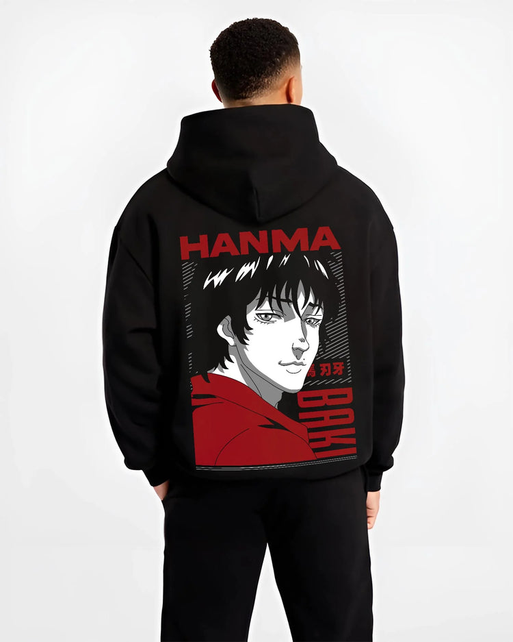Black hoodie worn by male model, back view with Baki Hanma Fighter Hoodie Classic Retro Anime Jumper graphic bold anime graphic.