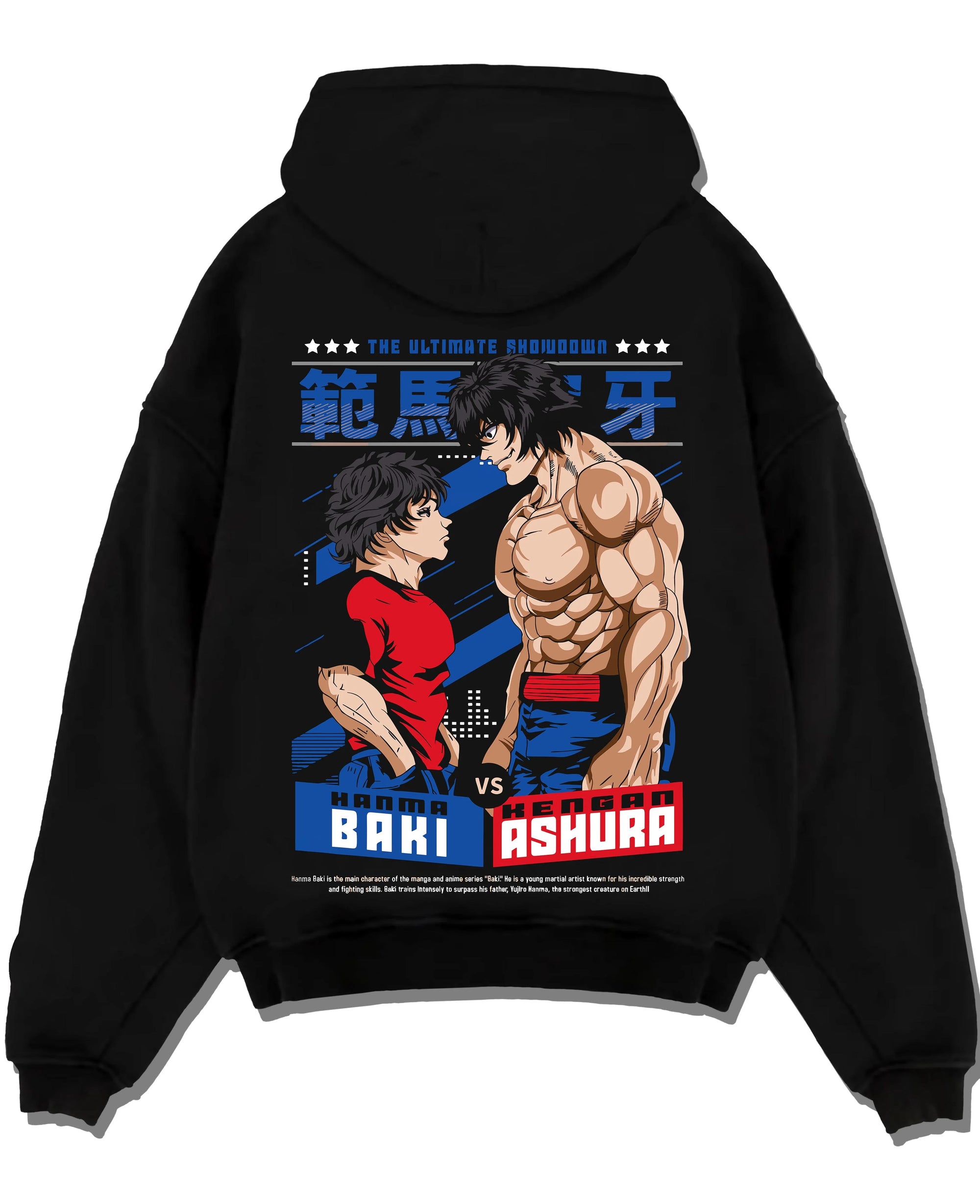 Black pullover hoodie laid flat with Baki Fighters Hoodie Baki vs Kengan Ashura Battle Pose graphic premium wear.