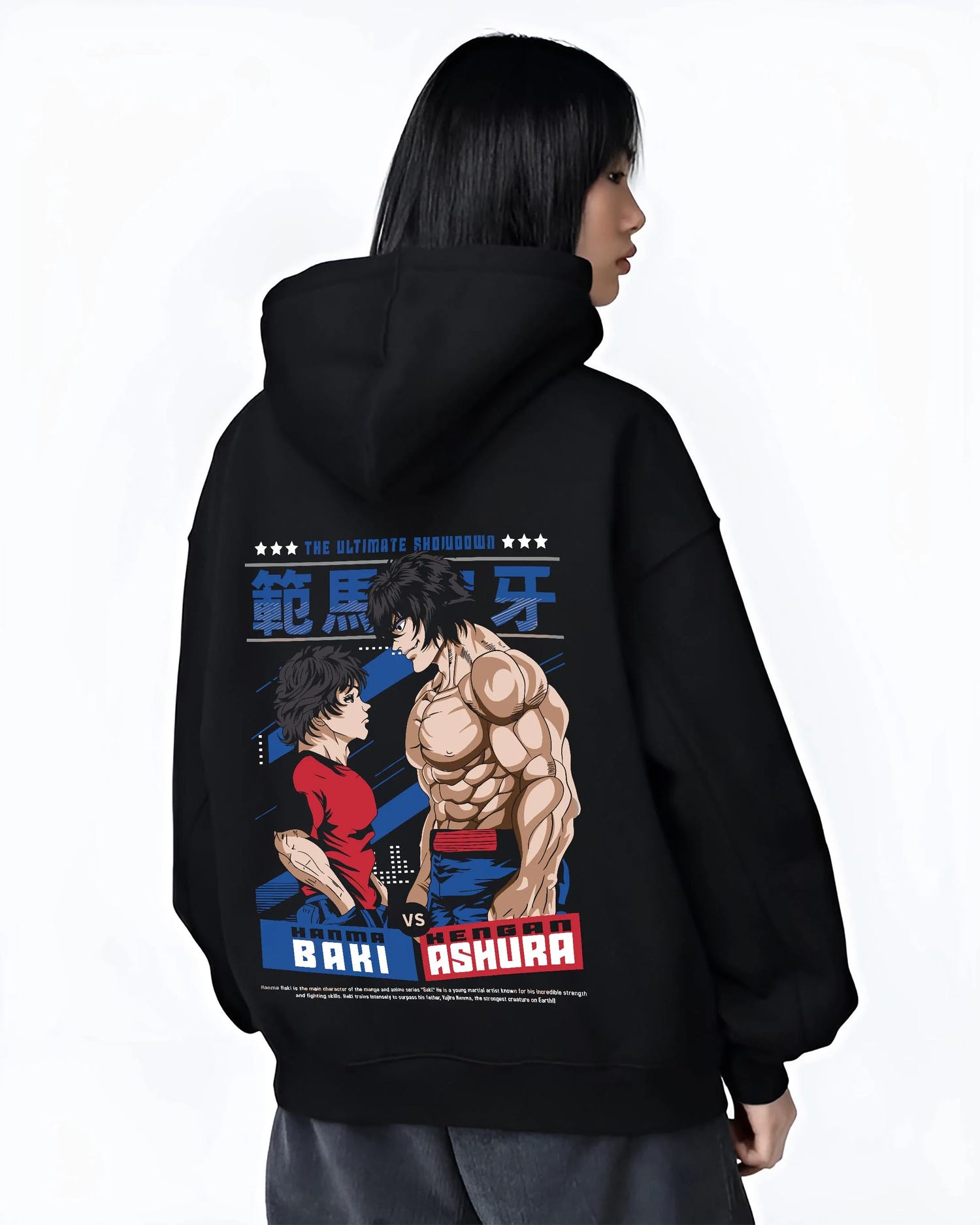 Black hoodie worn by female model, back view with Baki Fighters Hoodie Baki vs Kengan Ashura Battle Pose graphic premium wear.