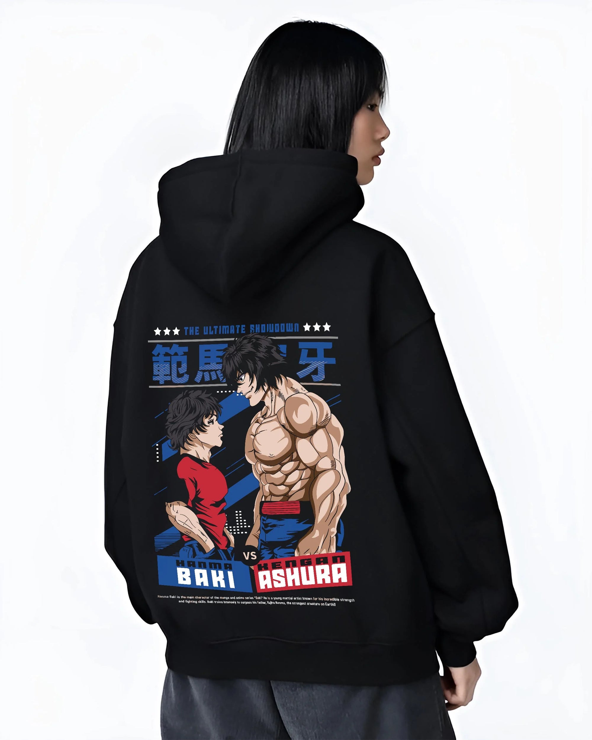 Black hoodie worn by female model, back view with Baki Fighters Hoodie Baki vs Kengan Ashura Battle Pose graphic premium wear.