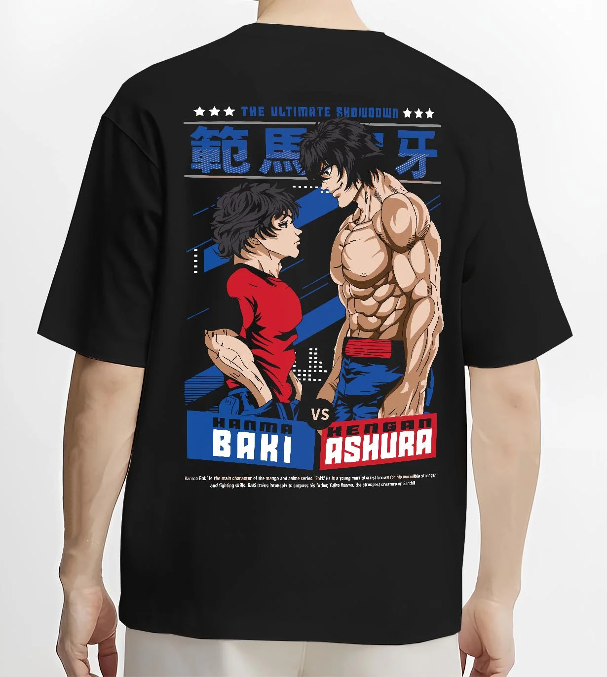 Black T-shirt worn by male model, back view with Baki Fighters Hoodie Baki vs Kengan Ashura Battle Pose graphic premium wear.
