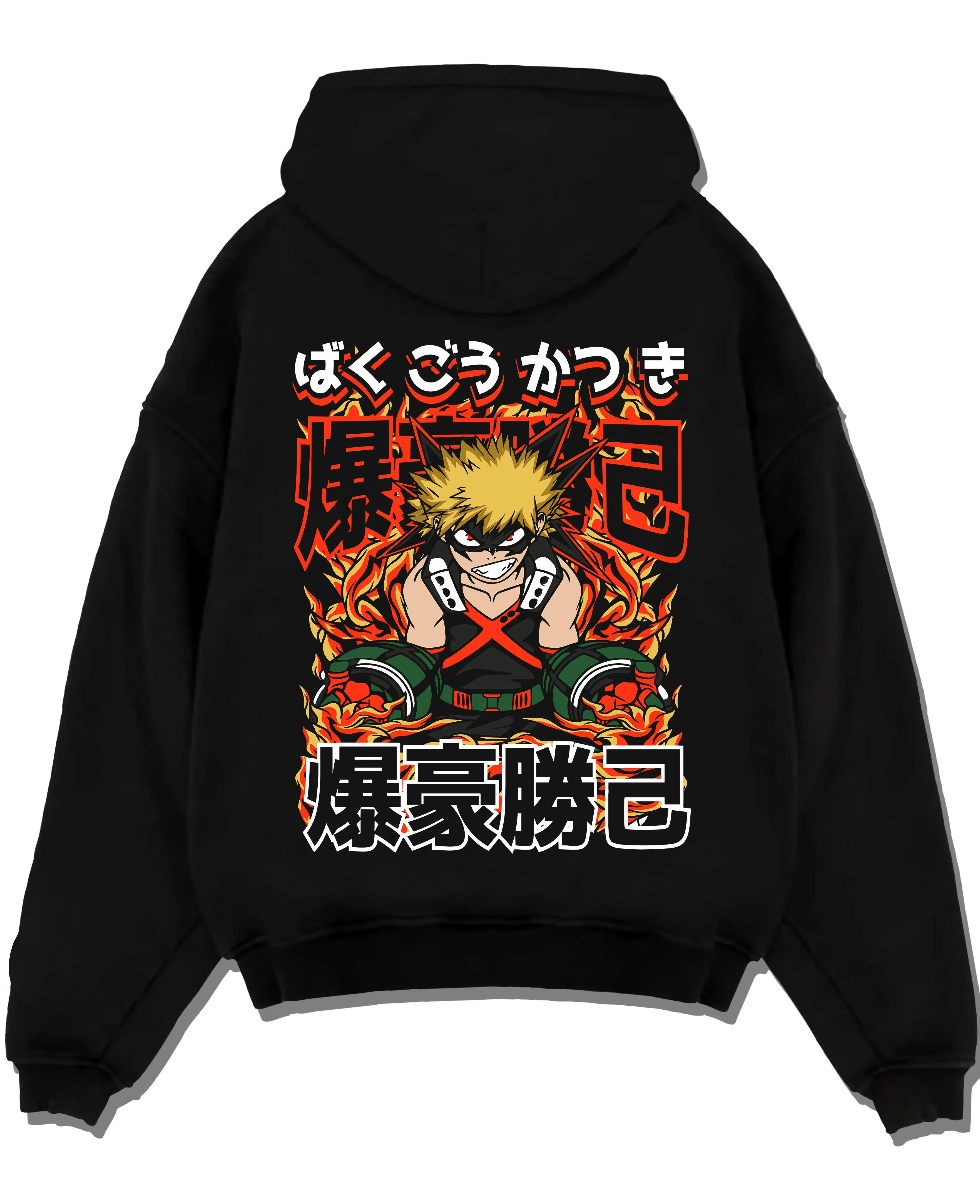 Black pullover hoodie laid flat with Bakugo Explosion Hoodie My Hero Academia Blazing Rage graphic streetwear graphic.