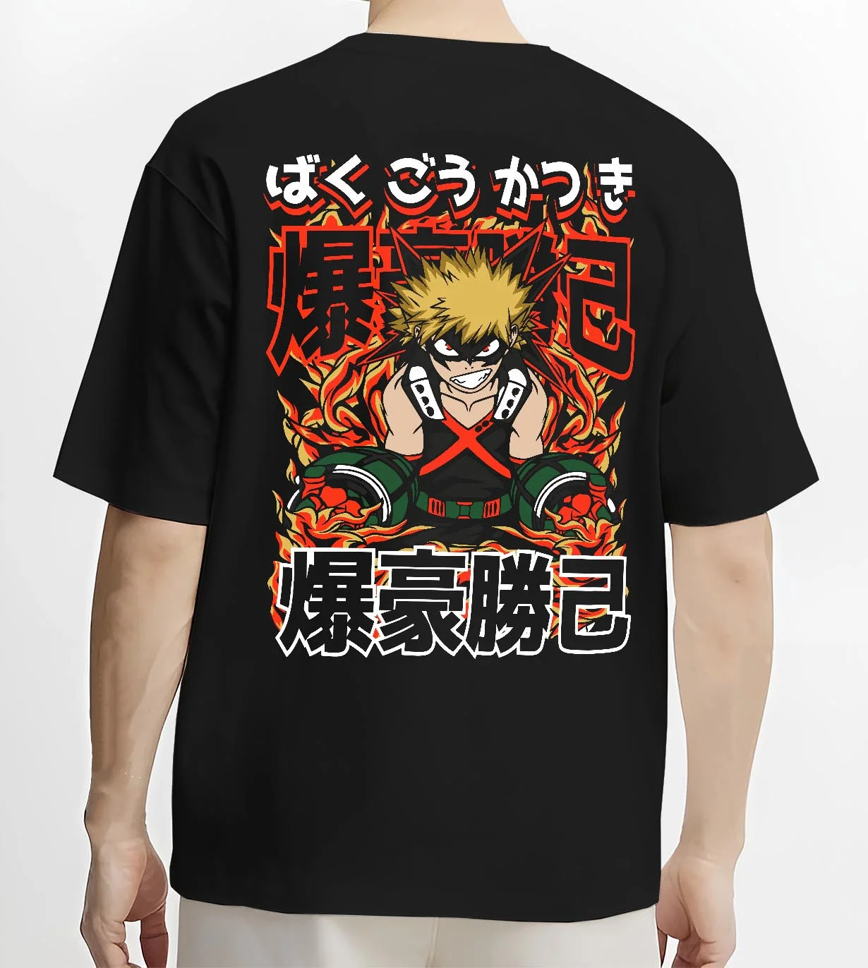 Black T-shirt worn by male model, back view with Bakugo Explosion Hoodie My Hero Academia Blazing Rage graphic bold anime graphic.