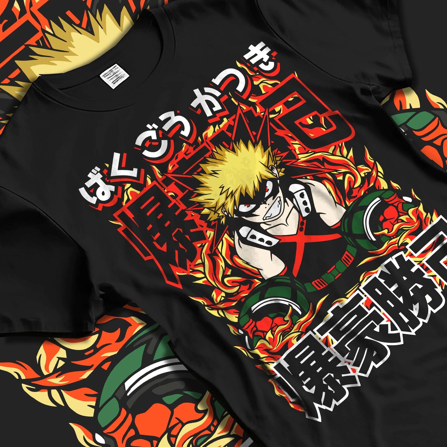 Black T-shirt laid flat with natural folds with Bakugo Explosion Hoodie My Hero Academia Blazing Rage graphic premium wear.