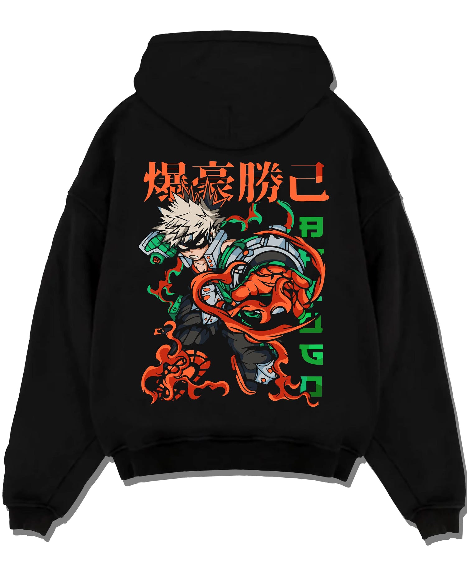 Black pullover hoodie laid flat with Bakugo Power Hoodie My Hero Academia Inferno Battle graphic streetwear graphic.