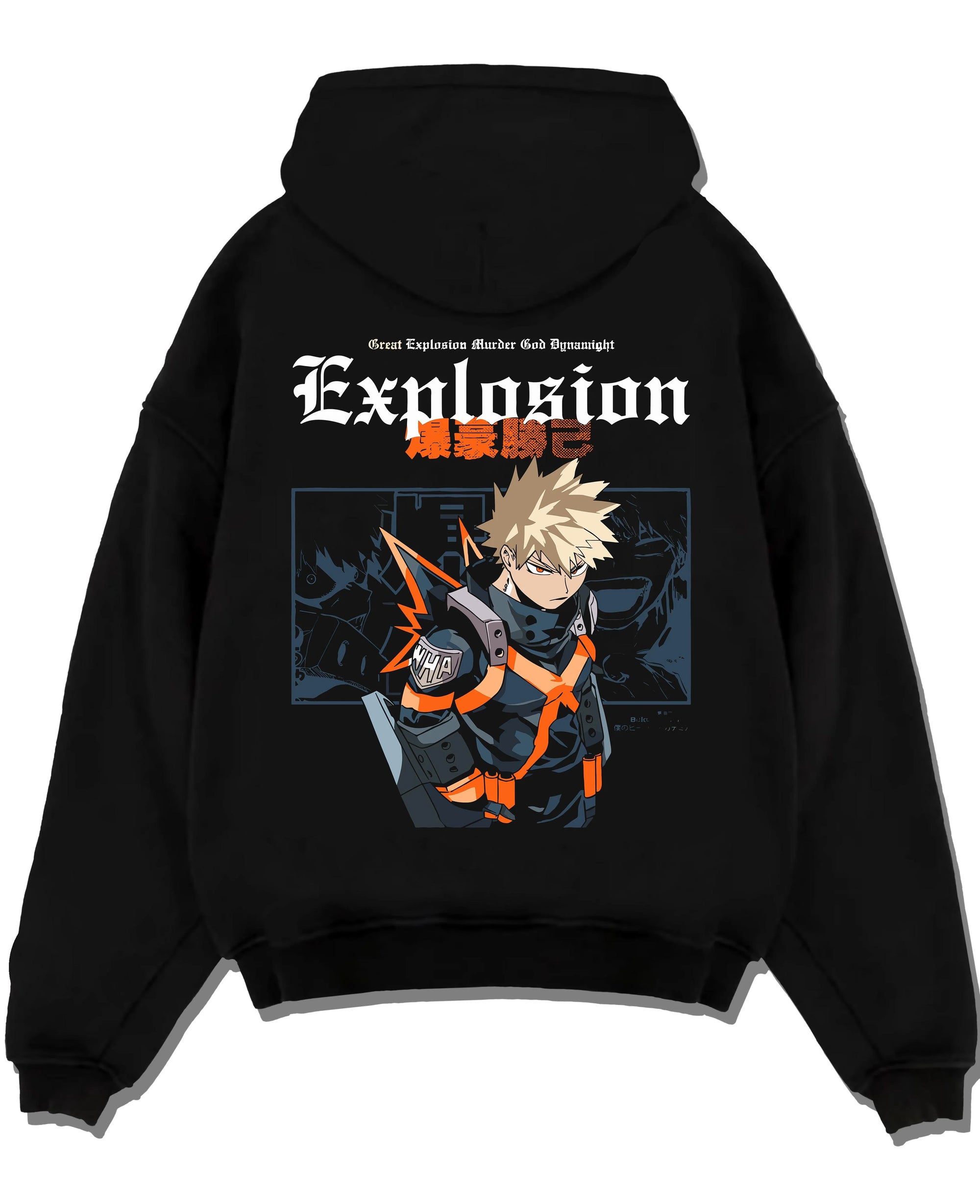 Black pullover hoodie laid flat with Bakugo Hero Hoodie My Hero Academia Fierce Blast Pose graphic premium wear.