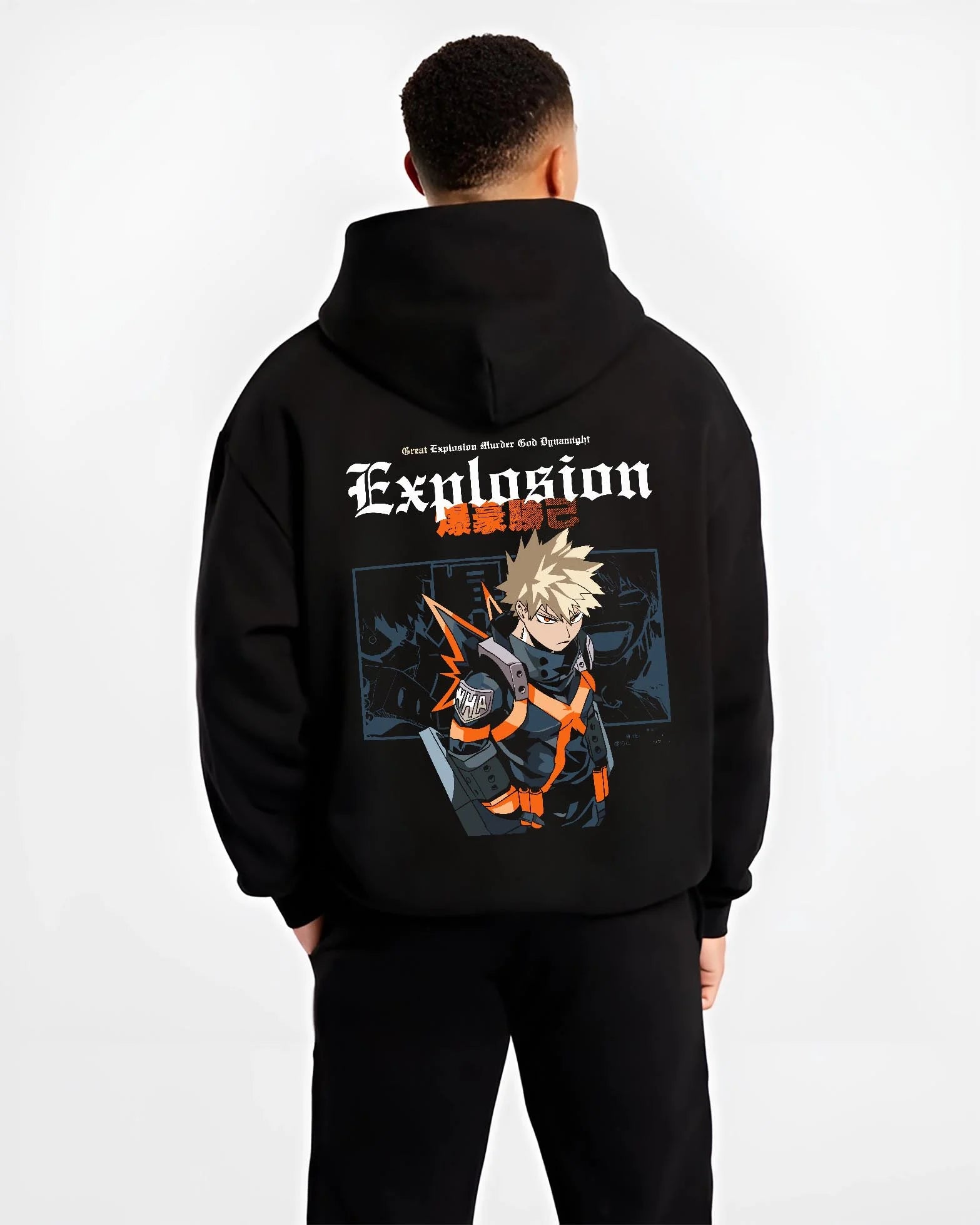 Black hoodie worn by male model, back view with Bakugo Hero Hoodie My Hero Academia Fierce Blast Pose graphic bold anime graphic.