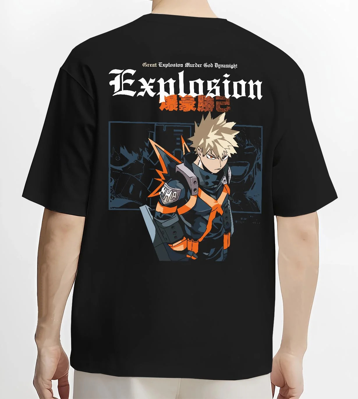 Black T-shirt worn by male model, back view with Bakugo Hero Hoodie My Hero Academia Fierce Blast Pose graphic bold anime graphic.