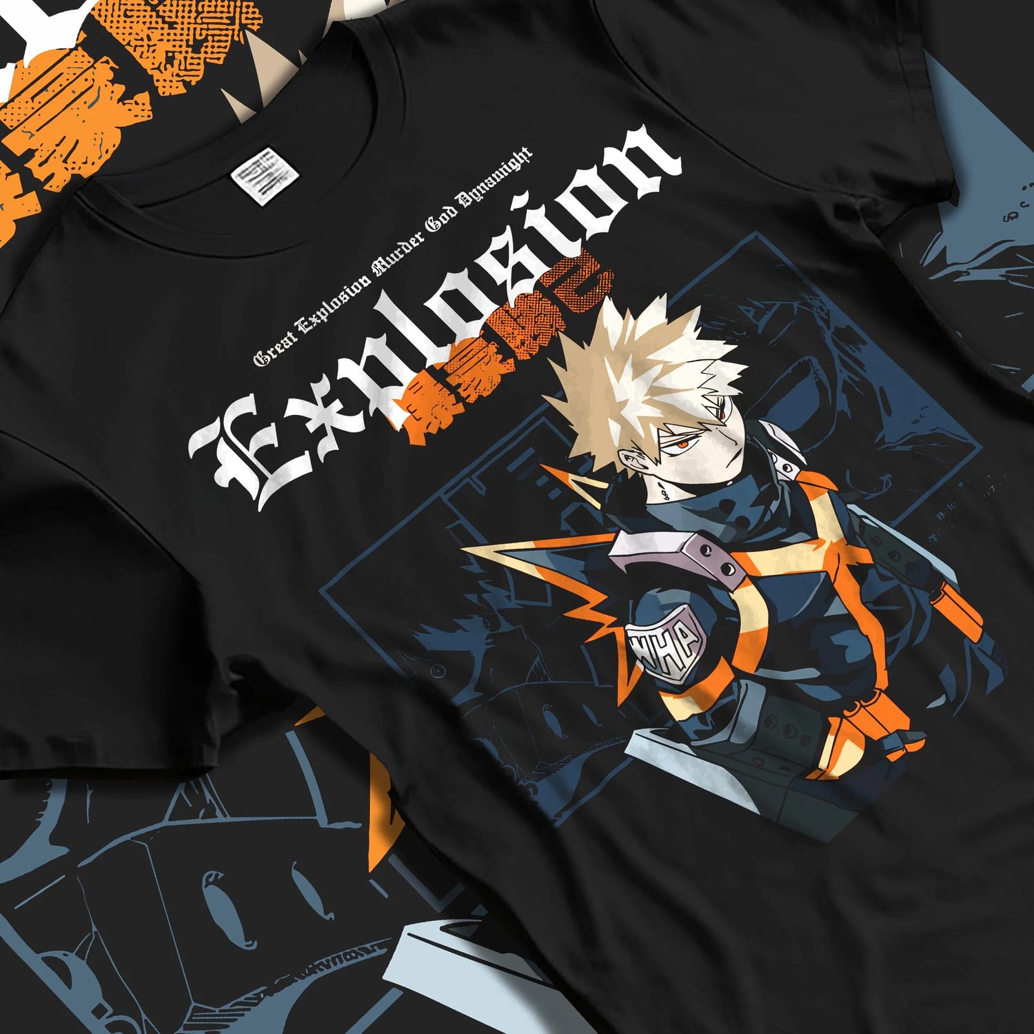 Black T-shirt laid flat with natural folds with Bakugo Hero Hoodie My Hero Academia Fierce Blast Pose graphic streetwear graphic.