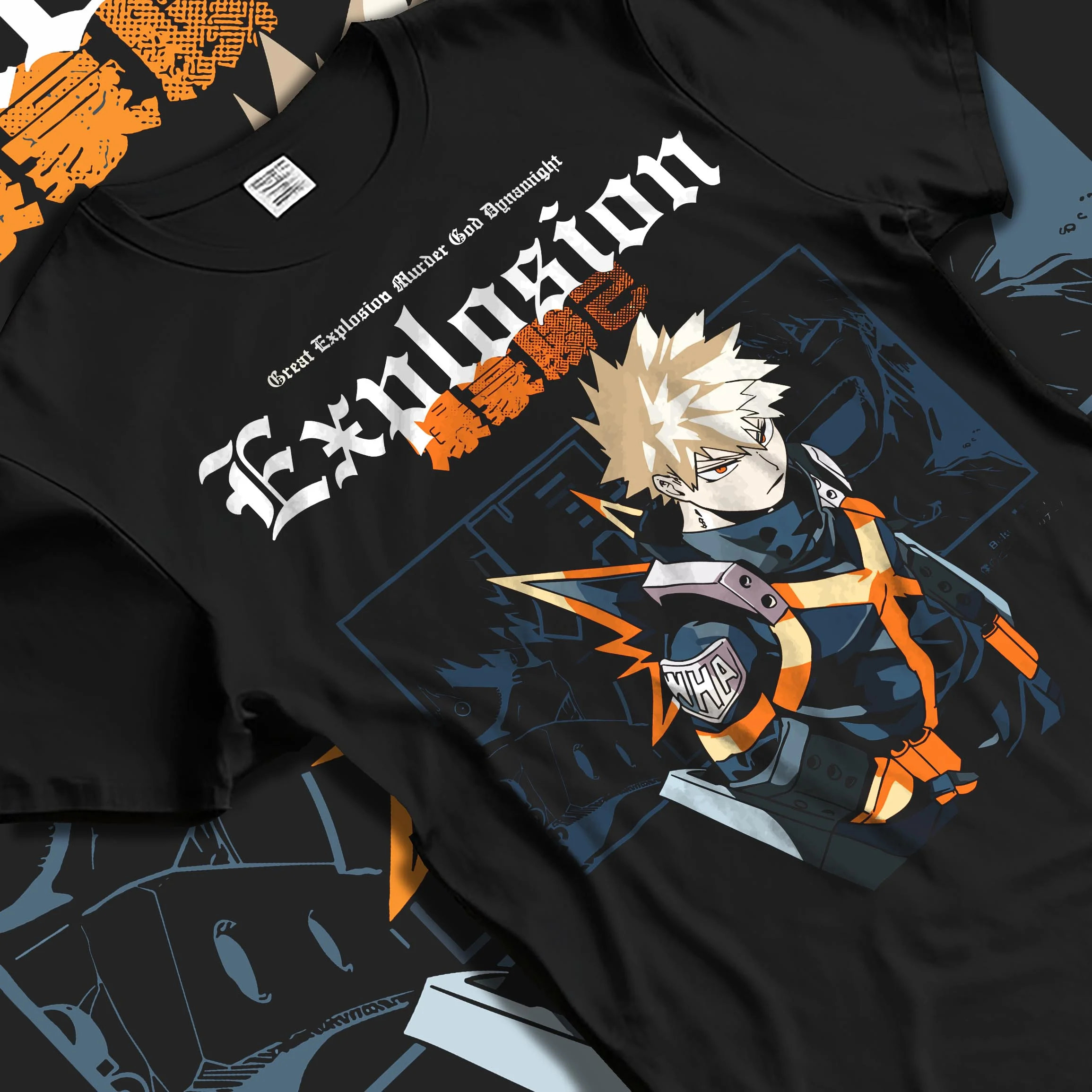 Black T-shirt laid flat with natural folds with Bakugo Hero Hoodie My Hero Academia Fierce Blast Pose graphic streetwear graphic.