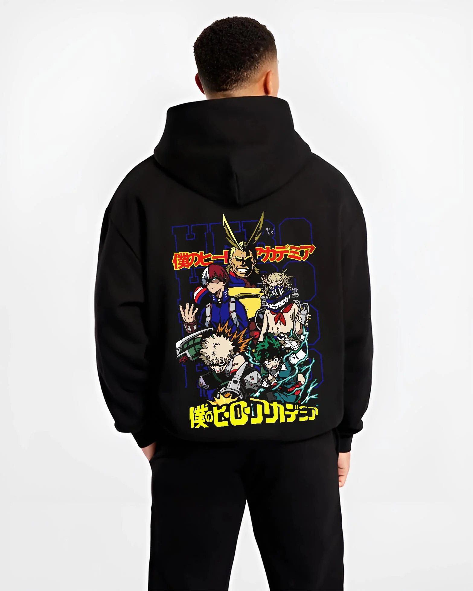 Black hoodie worn by male model, back view with My Hero Academia Bakugo Hoodie Explosion Quirk Jumper graphic bold anime graphic.