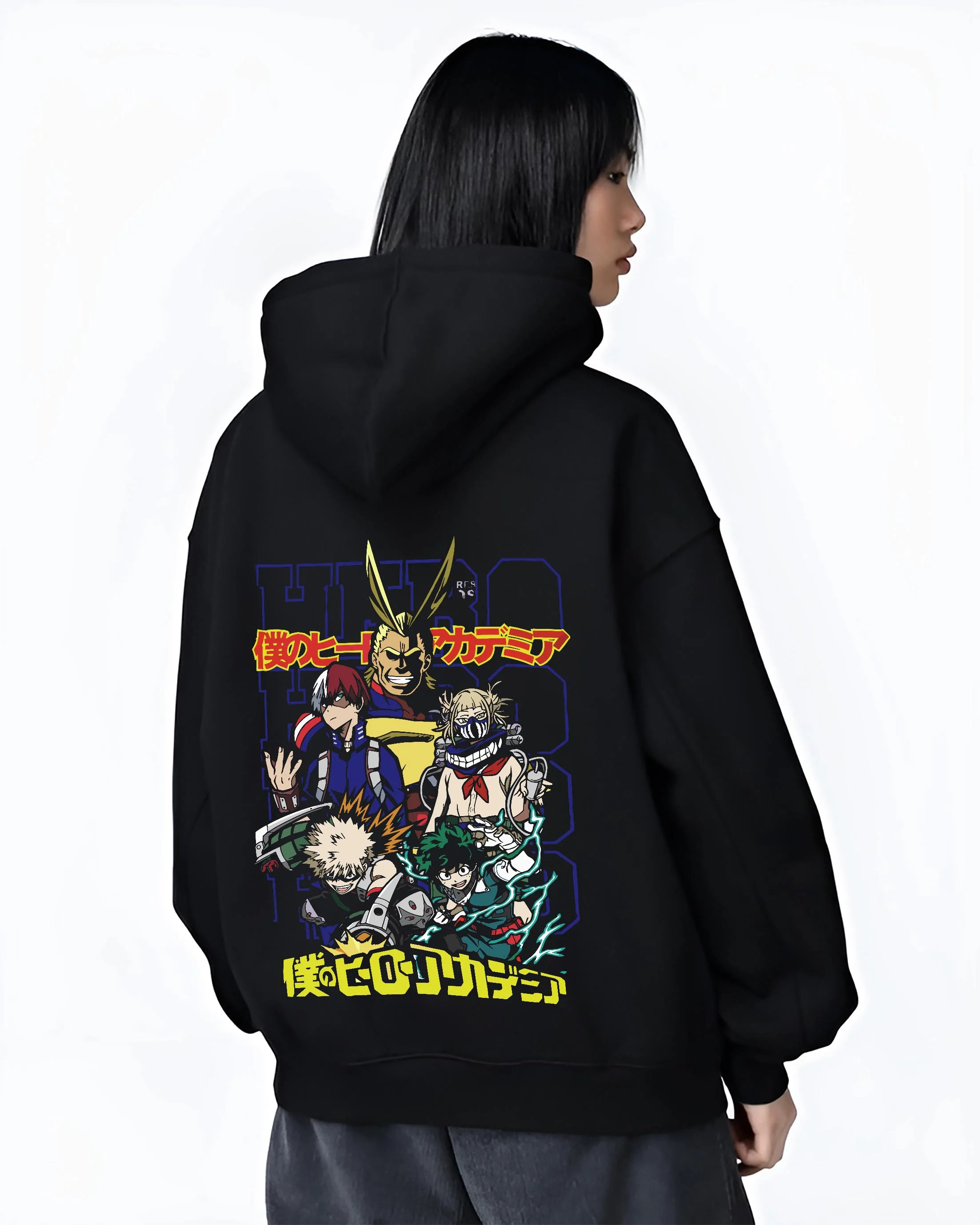 Black hoodie worn by female model, back view with My Hero Academia Bakugo Hoodie Explosion Quirk Jumper graphic Bakugo anime design.