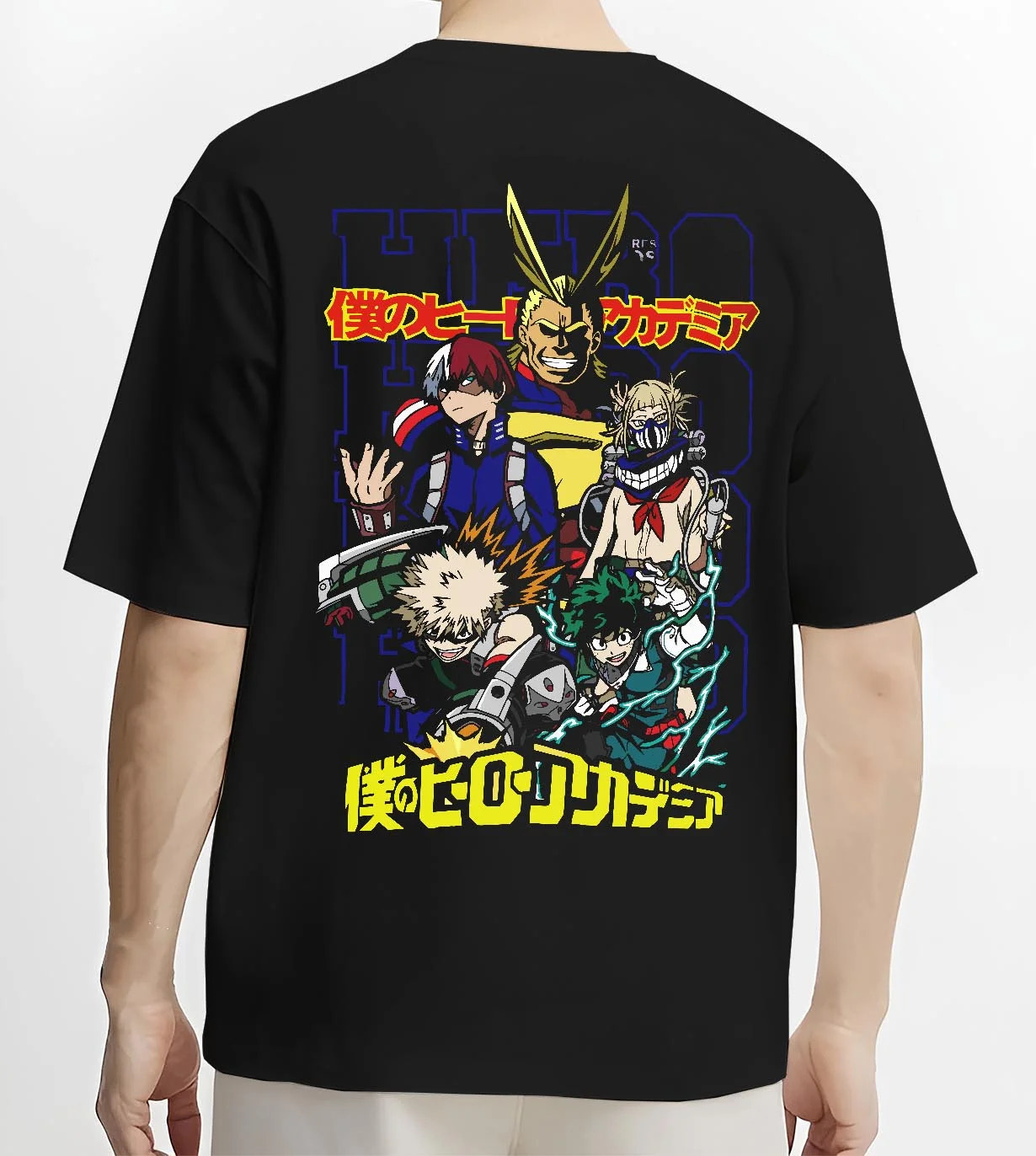 Black T-shirt worn by male model, back view with My Hero Academia Bakugo Hoodie Explosion Quirk Jumper graphic streetwear graphic.